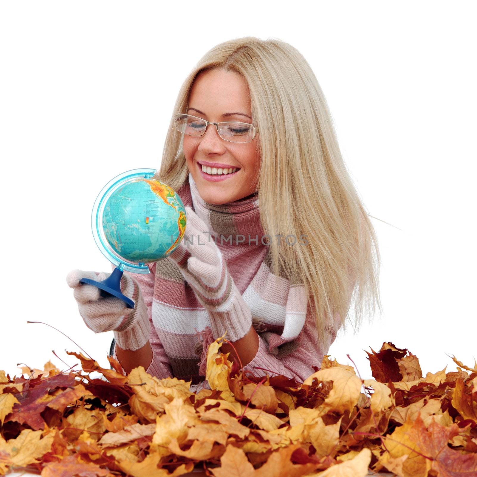 woman take globe isolated in studio