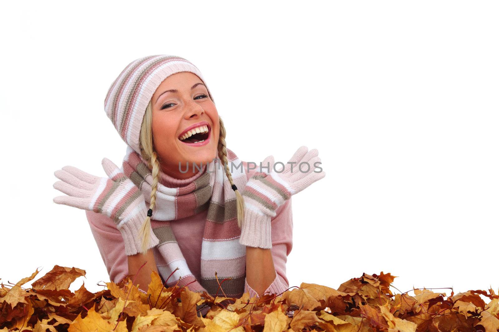  studio portrait of autumn woman in  yellow leaves
