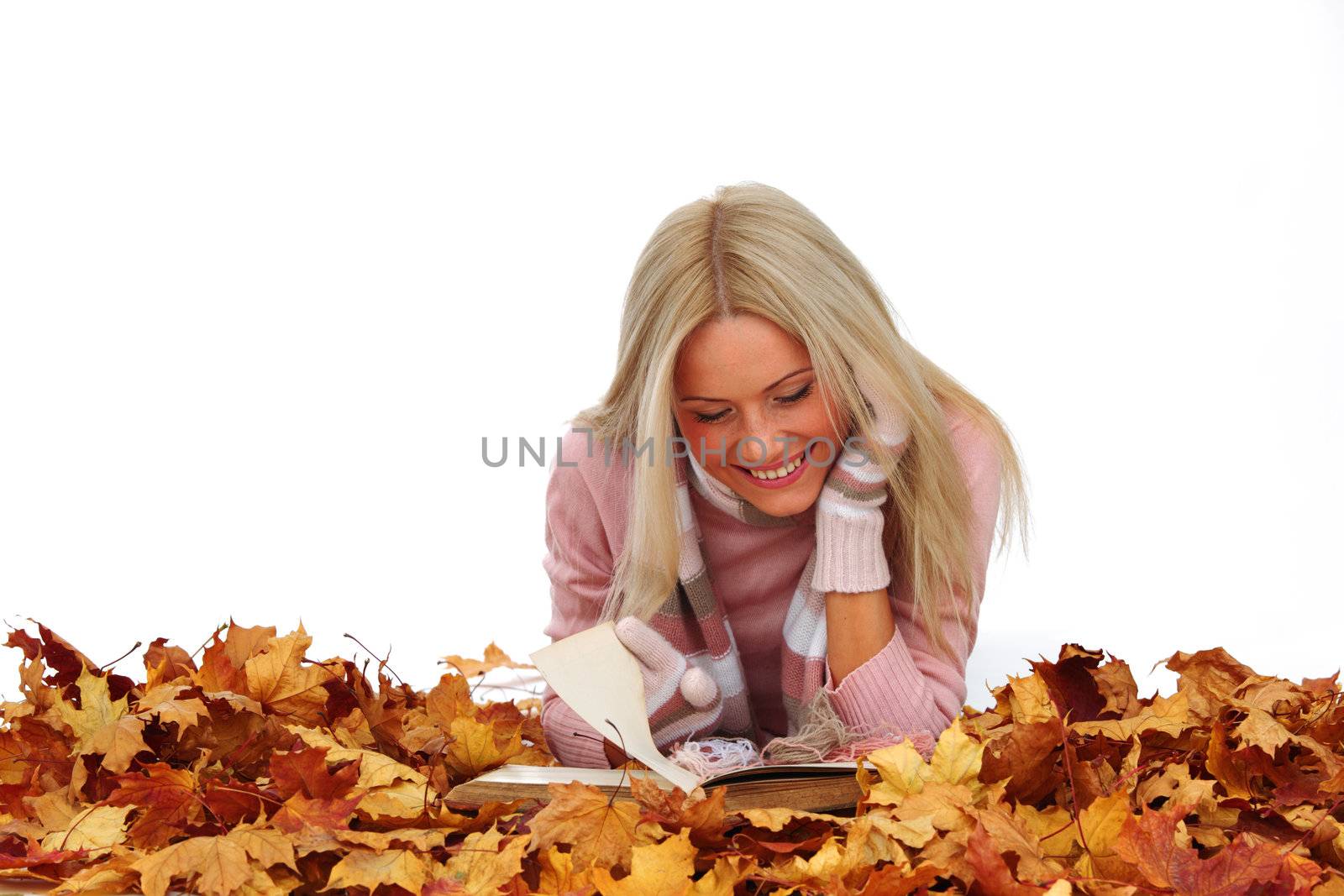 autumn woman read in studio on leaves