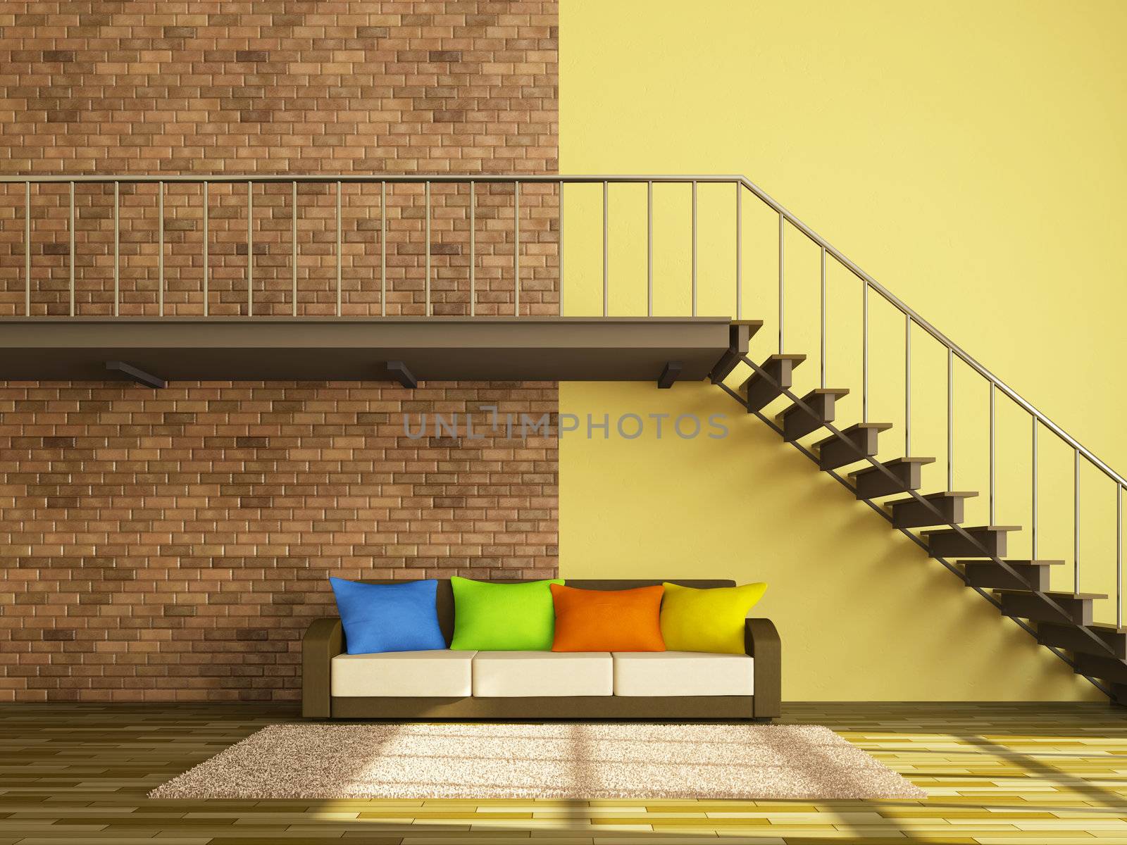 A large room with a ladder and sofa