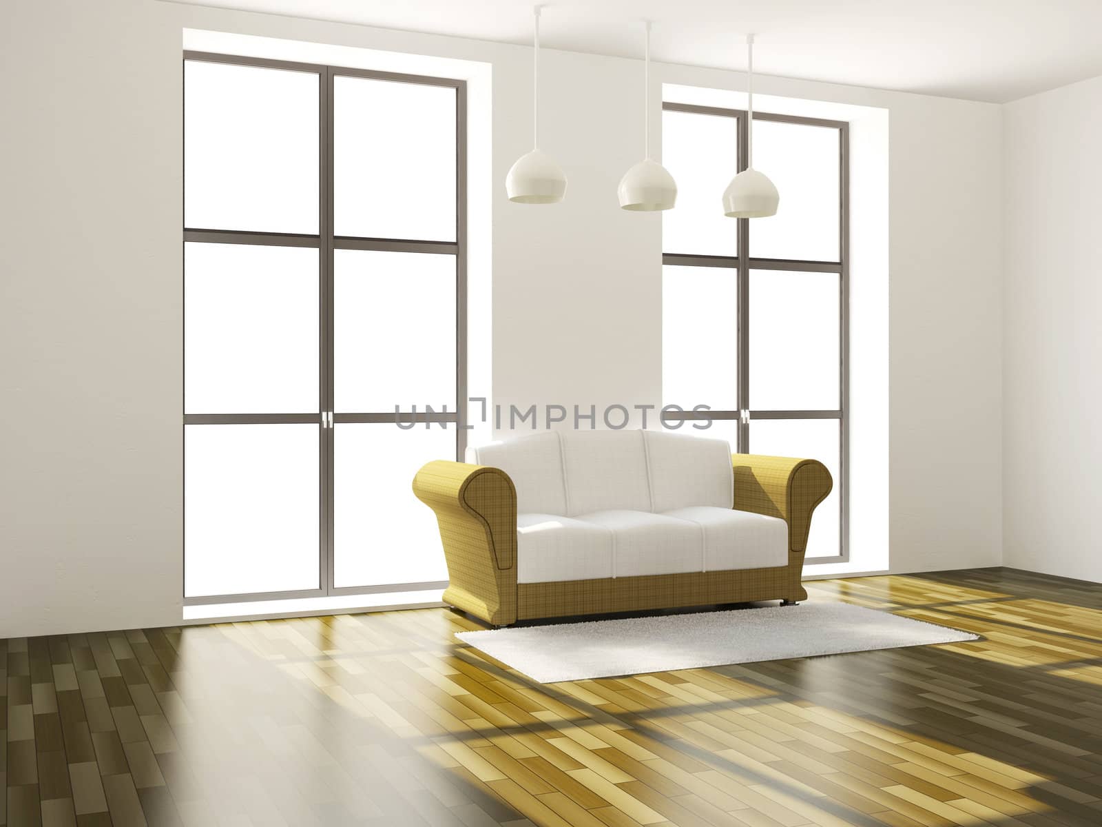 The room with sofa and a big windows