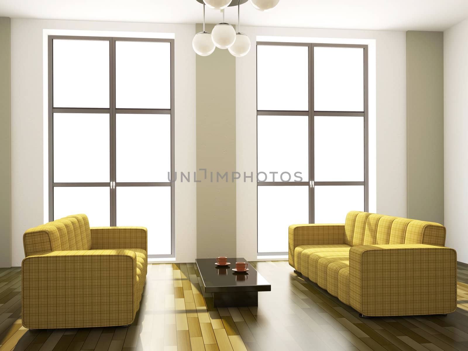 A room with two sofas and a table 