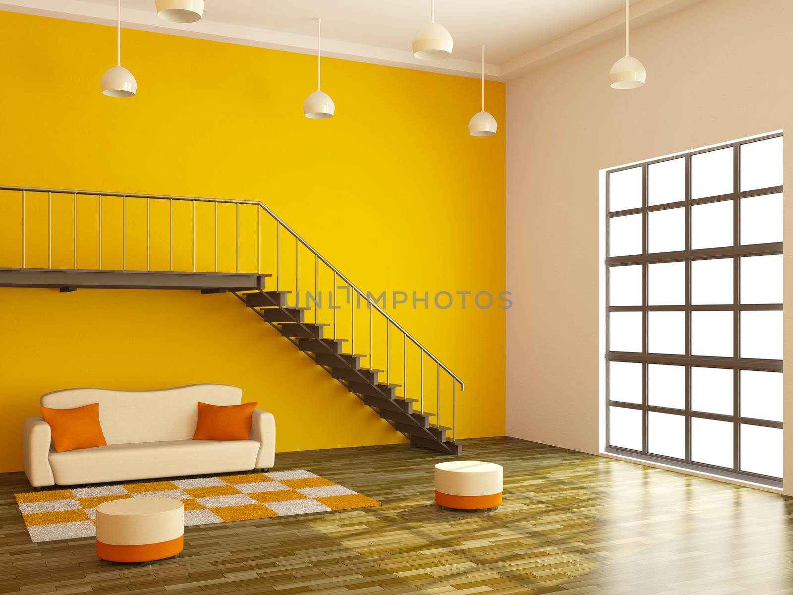 A large room with a ladder and sofa