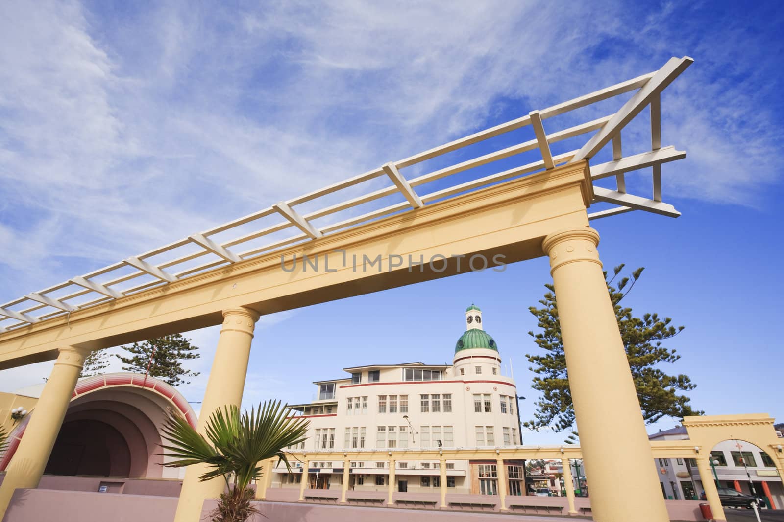 Napier, New Zealand, known as the art deco capital of the world. Some of the buildings and decorative archways on the promenade.