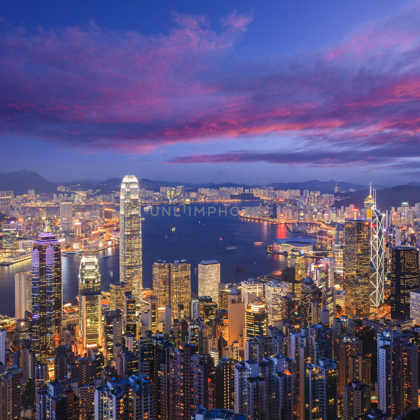 Hong Kong skyline illuminated at twilight, square format.