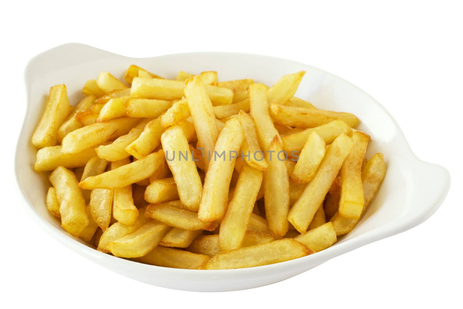 A bowl of french fries or chips, isolated on white with clipping path provided.