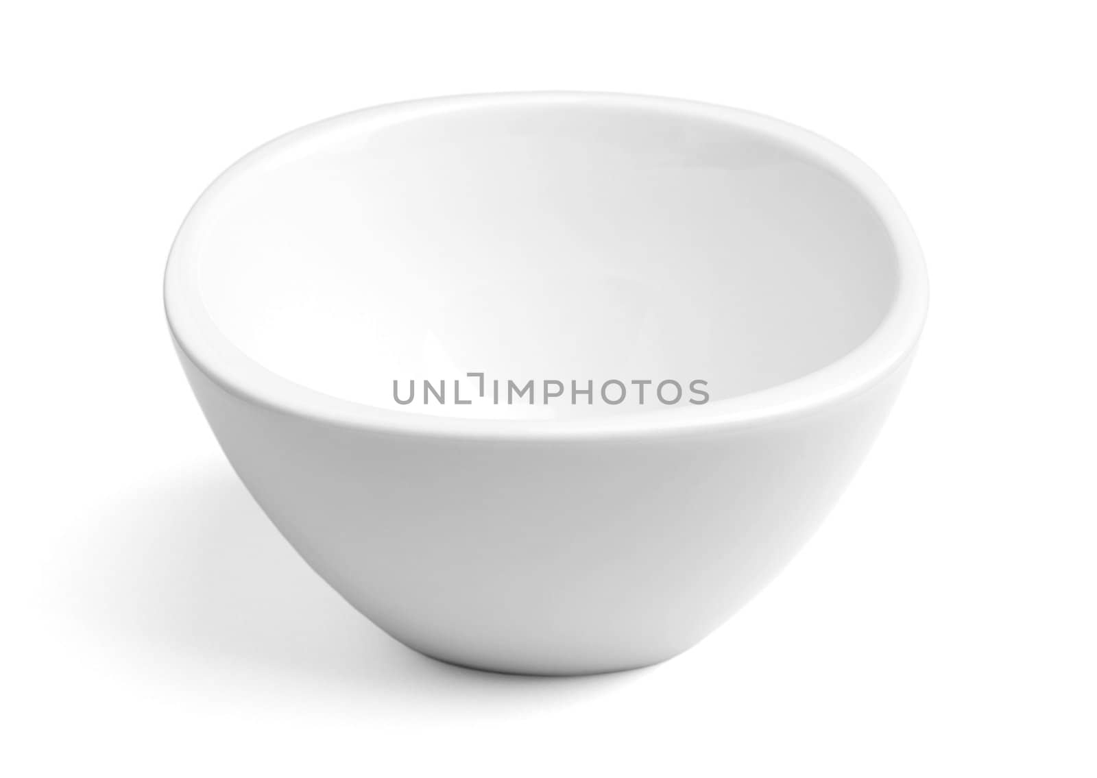 Empty white porcelain dinner bowl on white background with soft natural shadow. Clipping path included.