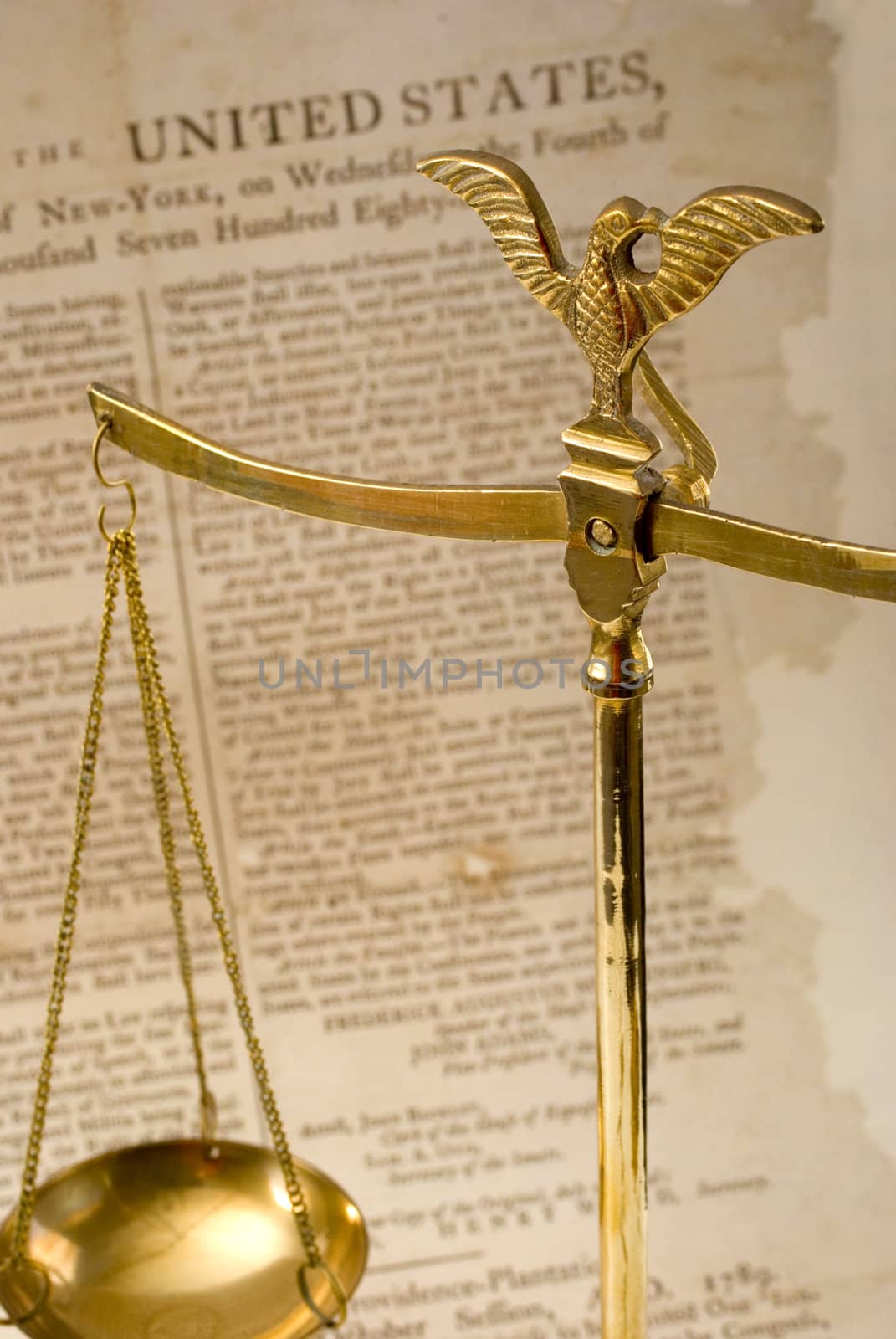 Scales of justice and Bill of Rights. Concepts of justice, law, history. Focus is on eagle.