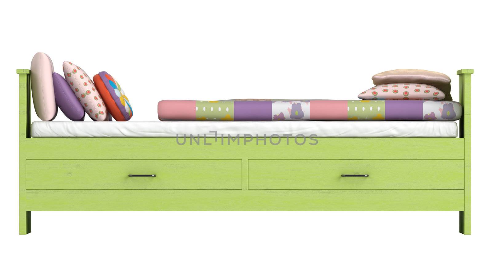 Green wooden bed with storage drawers and a colourful patchwork duvet or comforter and cushions isolated on white