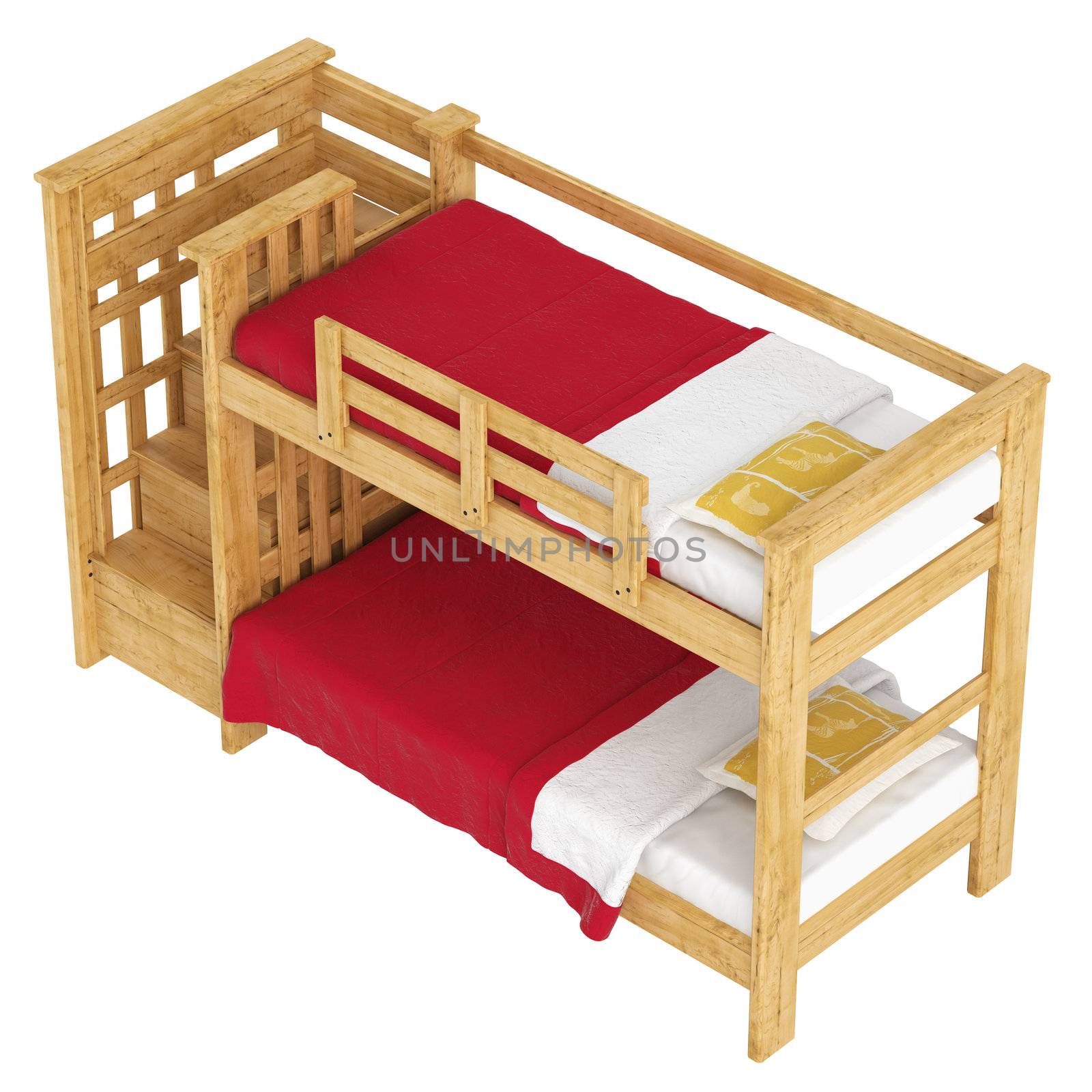 Wooden double bunk bed with a lattice framework and stairs and red bedlinen isolated on white