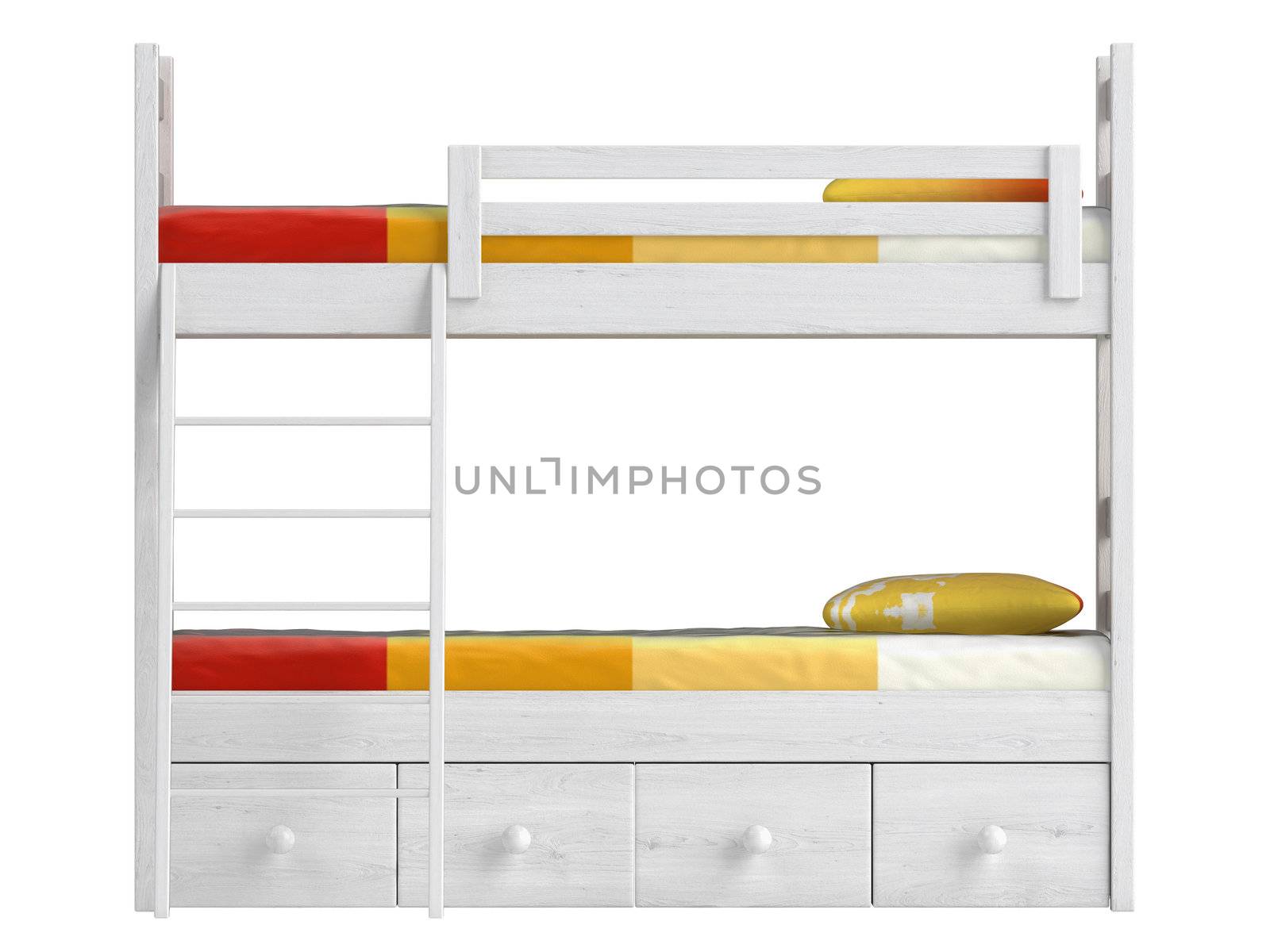 Double bunk bed with storage drawers and a ladder painted white with colourful orange bedding isolated on white