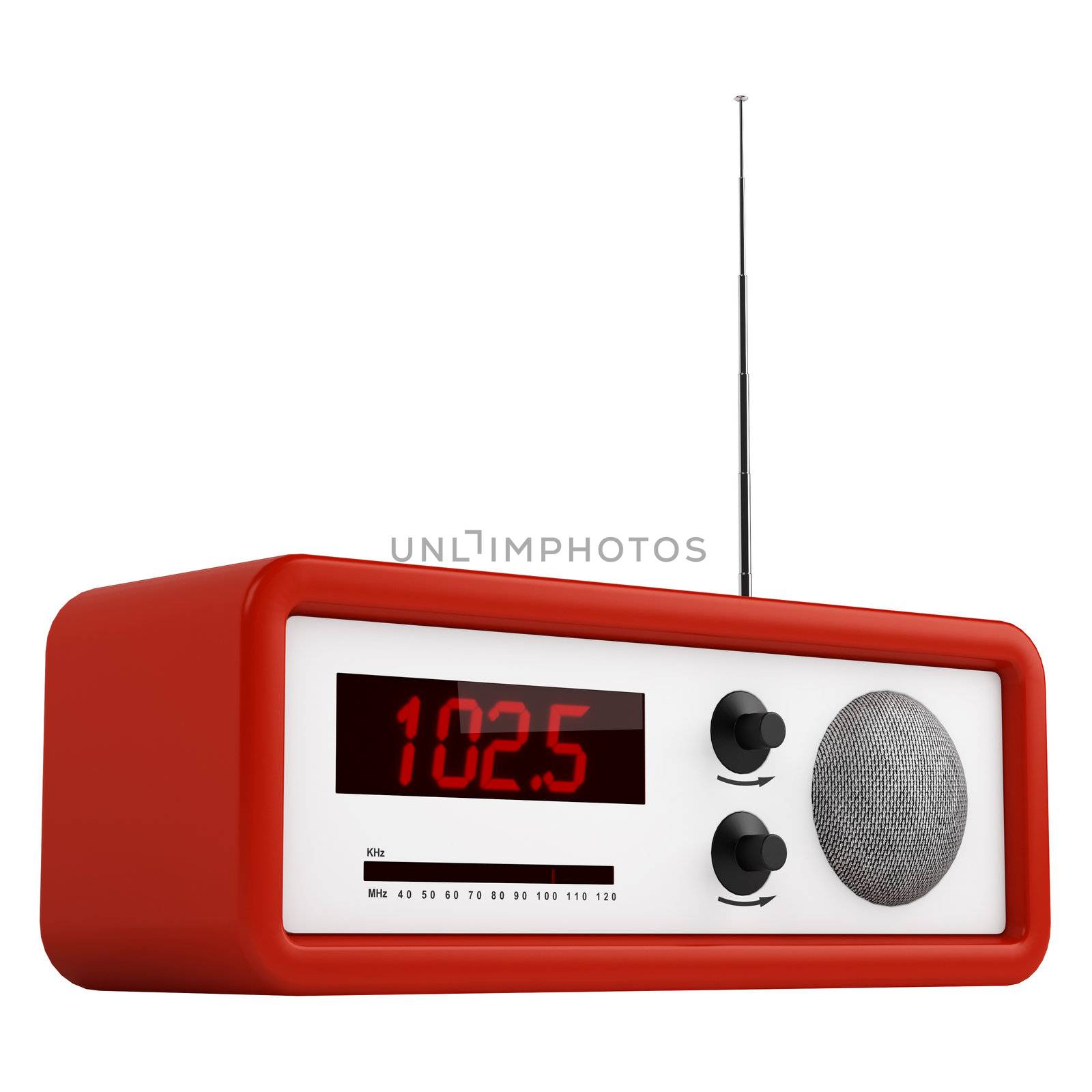 Red portable transistor radio with buttons, dial and aerial isolated on white