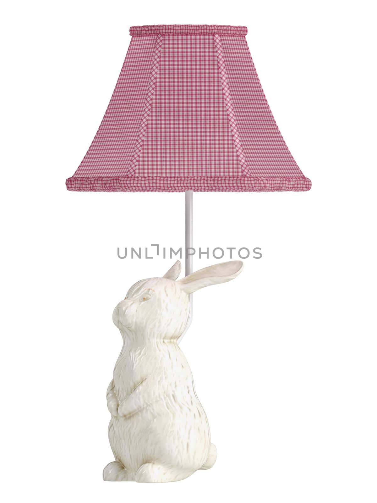 Ceramic bunny rabbit lamp with a pretty checked hexagonal shade isolated on white
