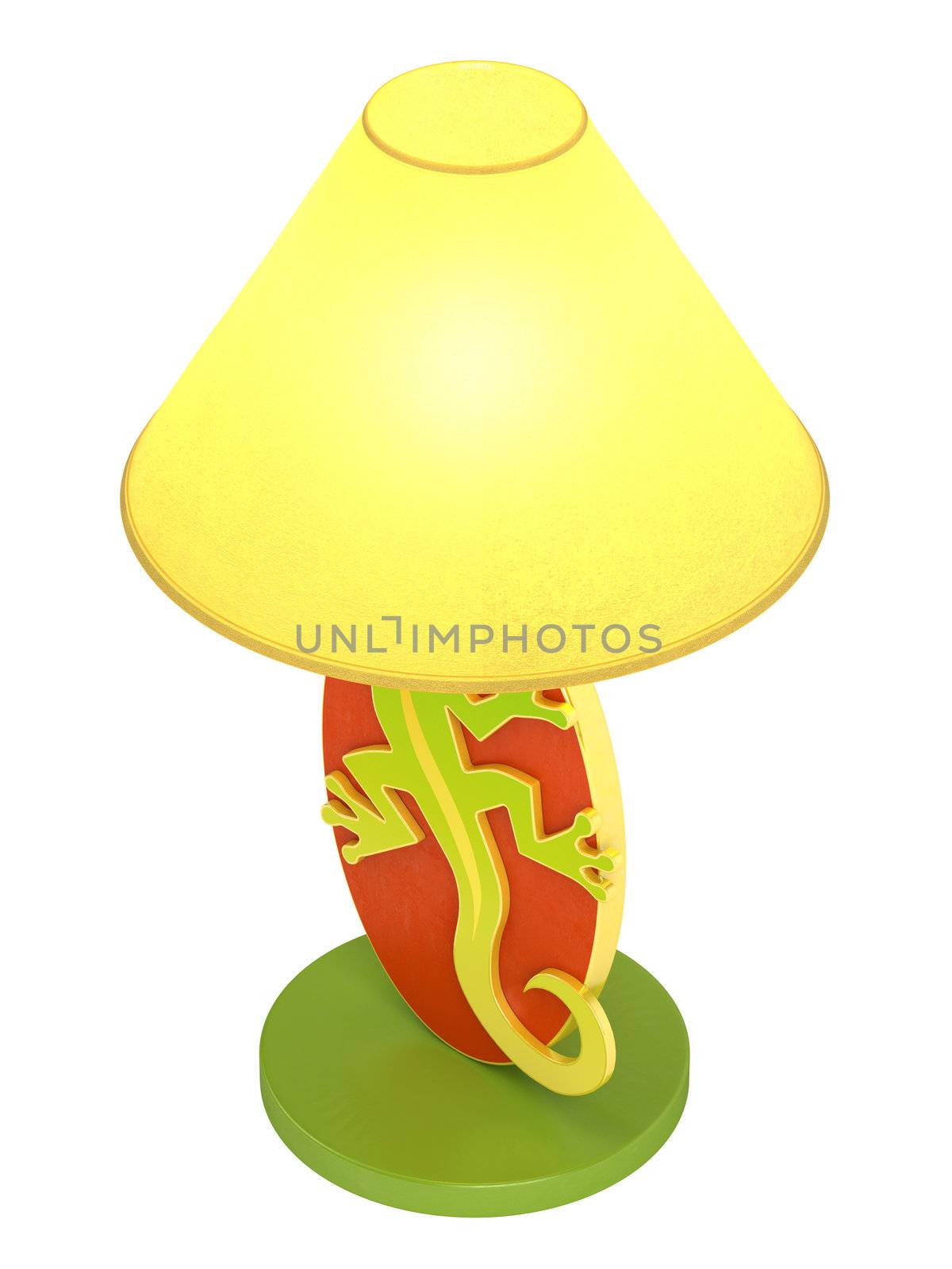 Modern colourful wooden lamp with an oval base with a lizard cutout and a cheerful yellow lampshade isolated on white