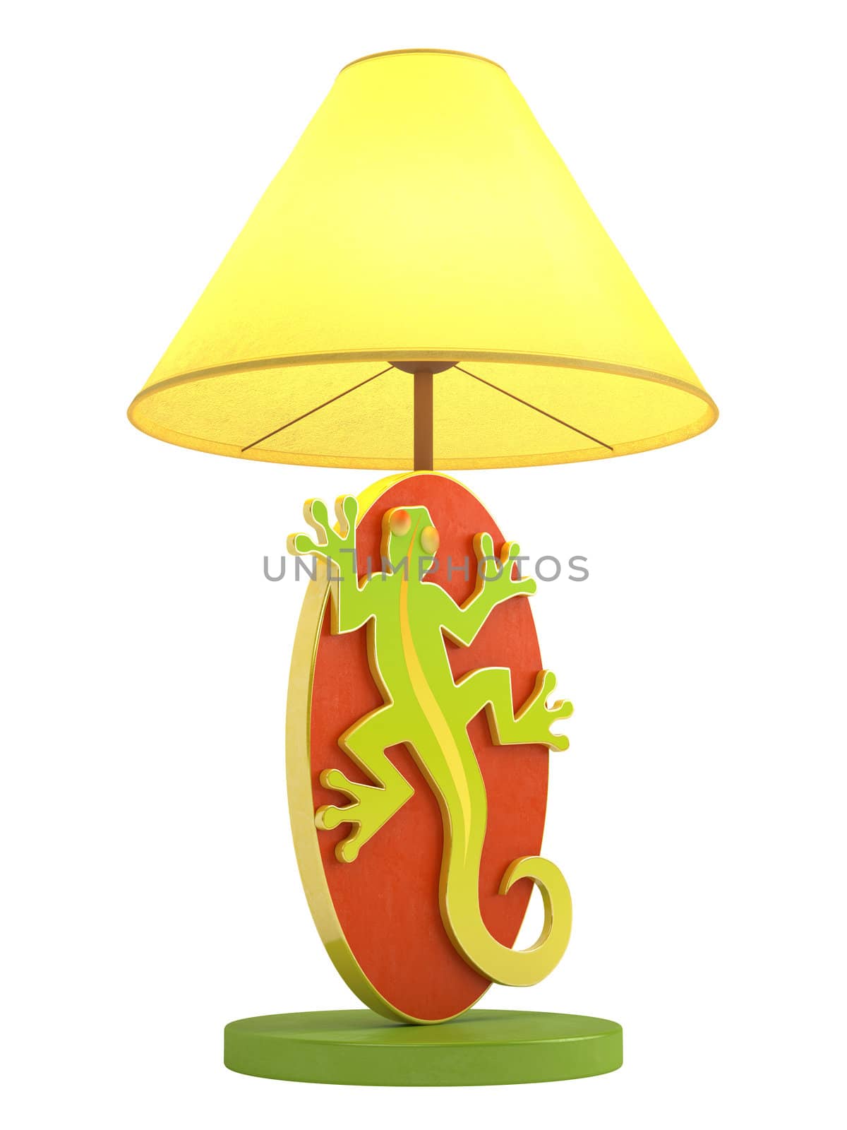 Modern colourful wooden lamp with an oval base with a lizard cutout and a cheerful yellow lampshade isolated on white