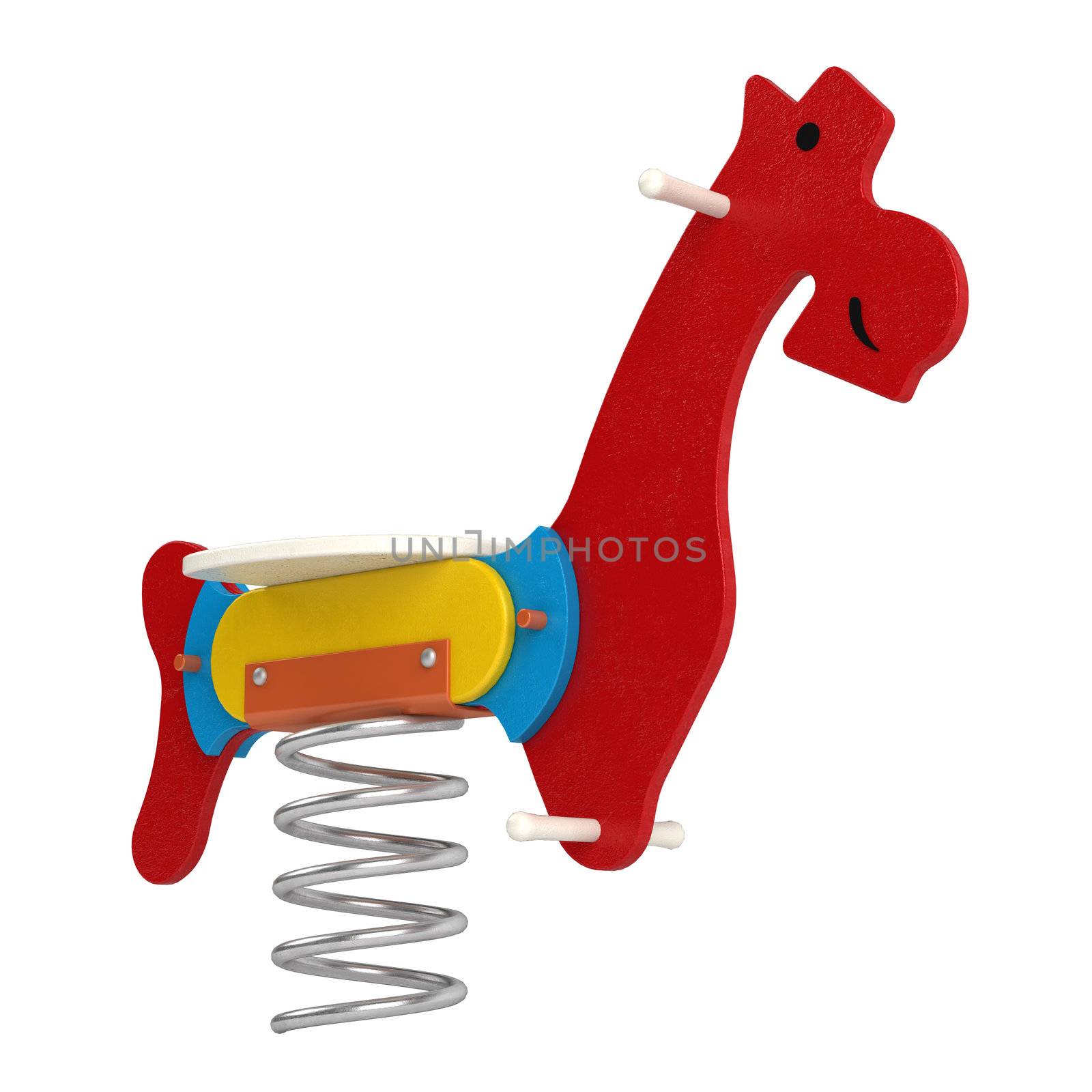 Colourful toy jumping horse with a seat for a child above a saddle and a large metal spring underneath for bounce and fun isolated on white