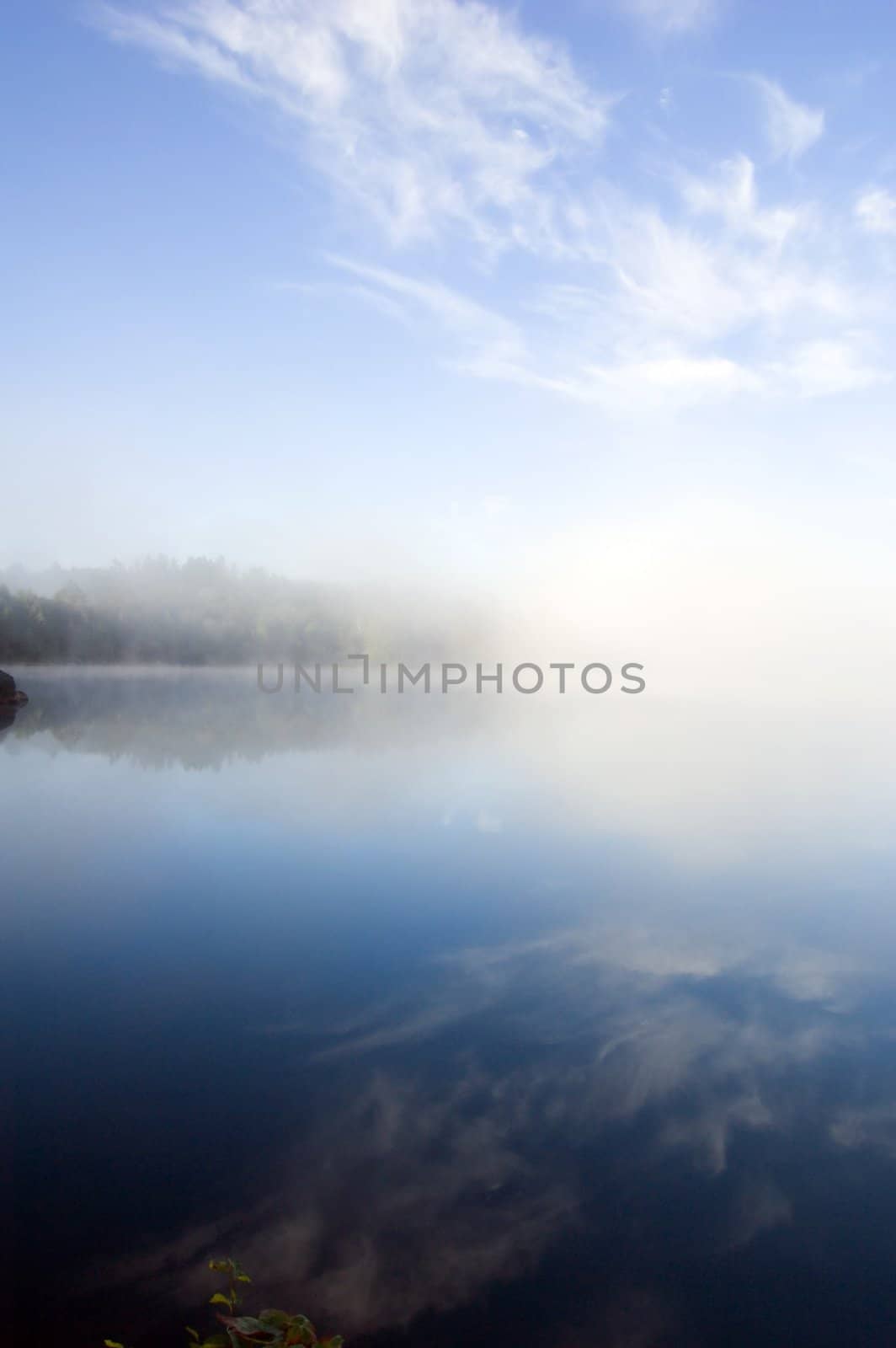 Fog above forest lake in Killarney Park in the morning
