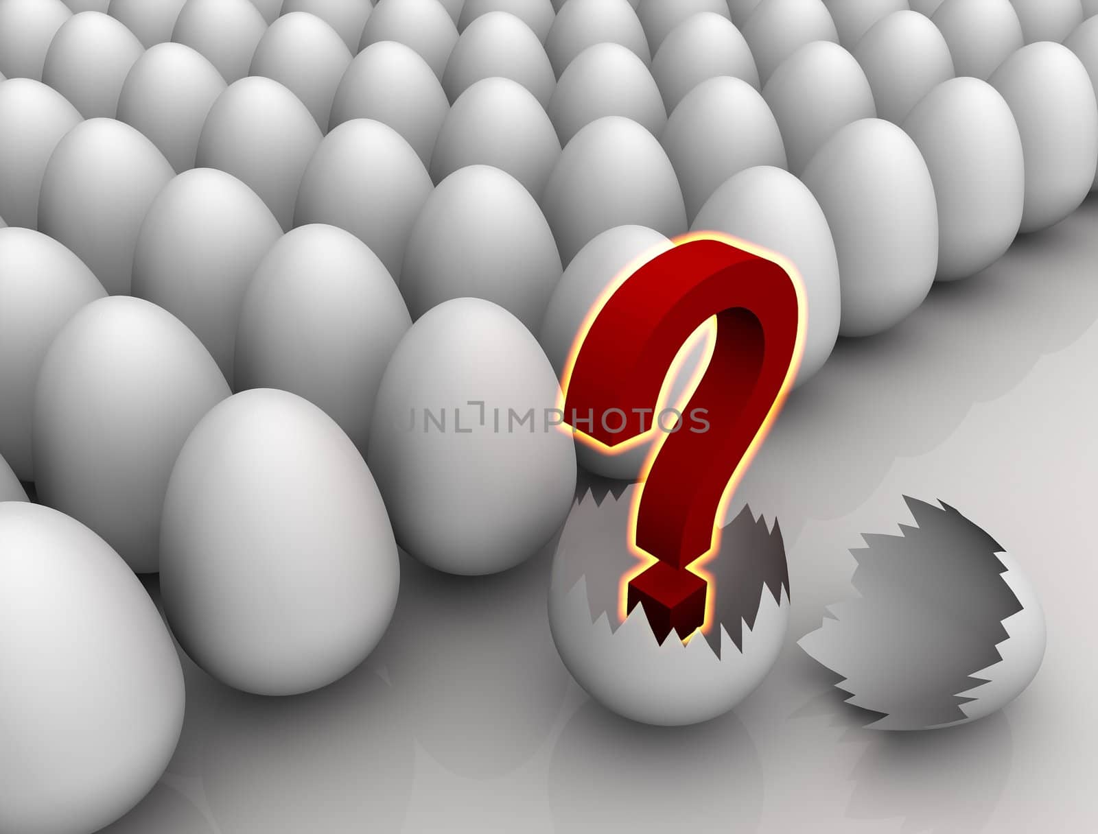 Concept of crowd of white not yet cracked eggs with the only one egg already cracked. Red glowing question mark above the cracked egg symbolizes something unknown, hidden or some secret. Scene rendered on white background.