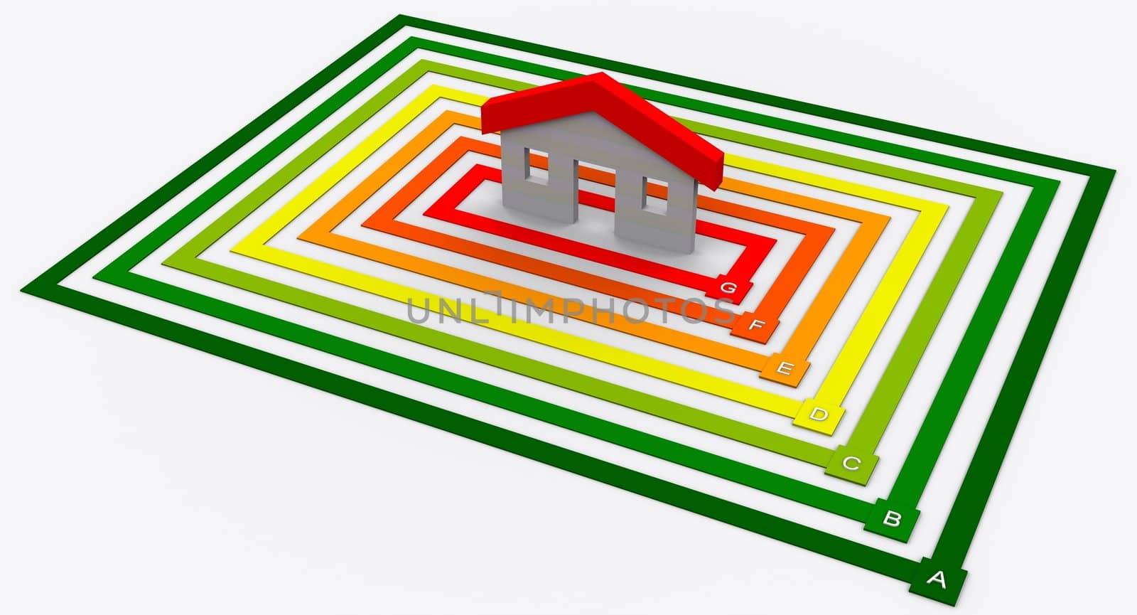 Concept of energetically inefficient house targeted in symbolic color scheme that represents values of energetic efficiency. Dark Green (letter A) represents "more efficient" and Dark Red (letter G) represents "less efficient" values.