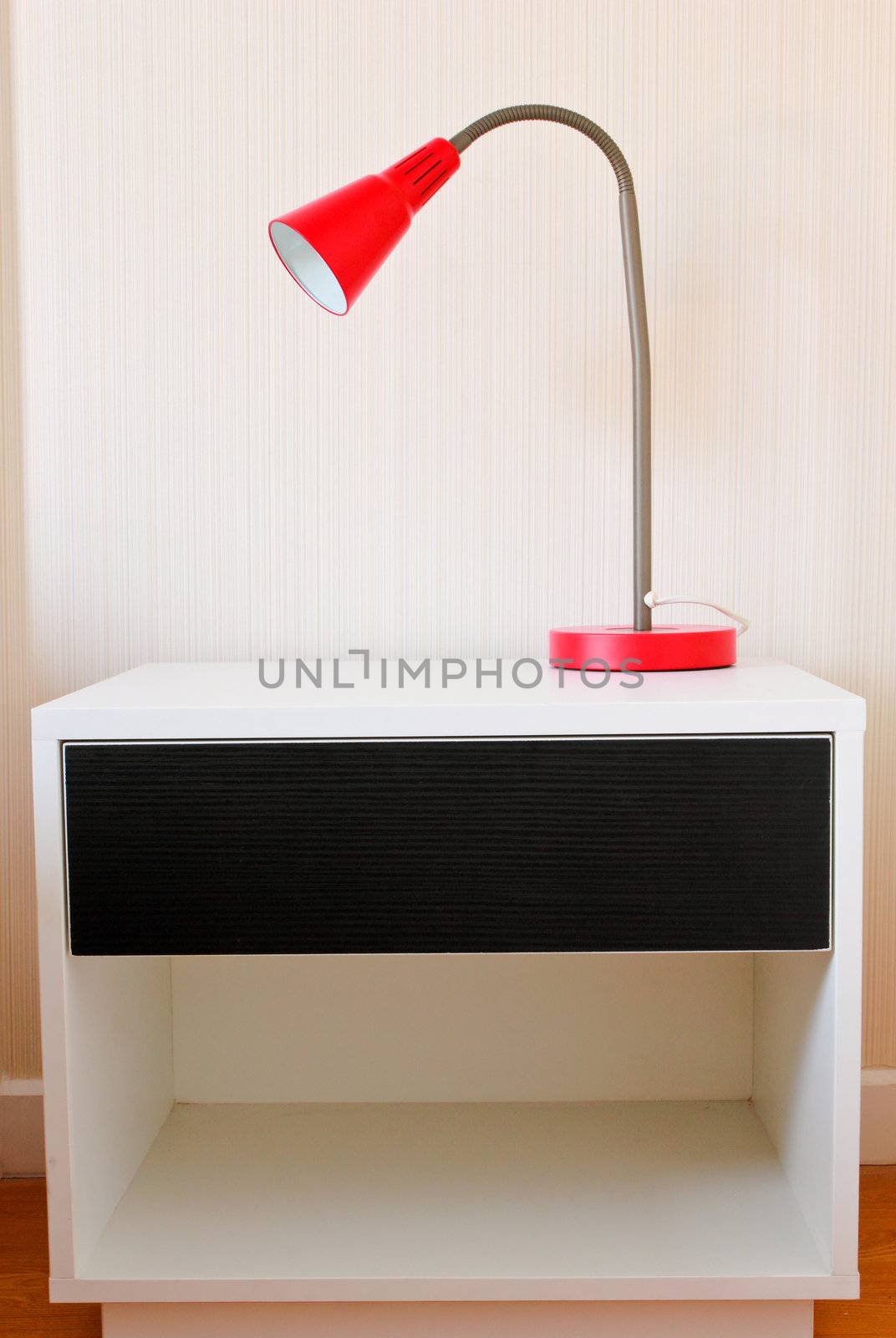 Table and red lamp for interior
