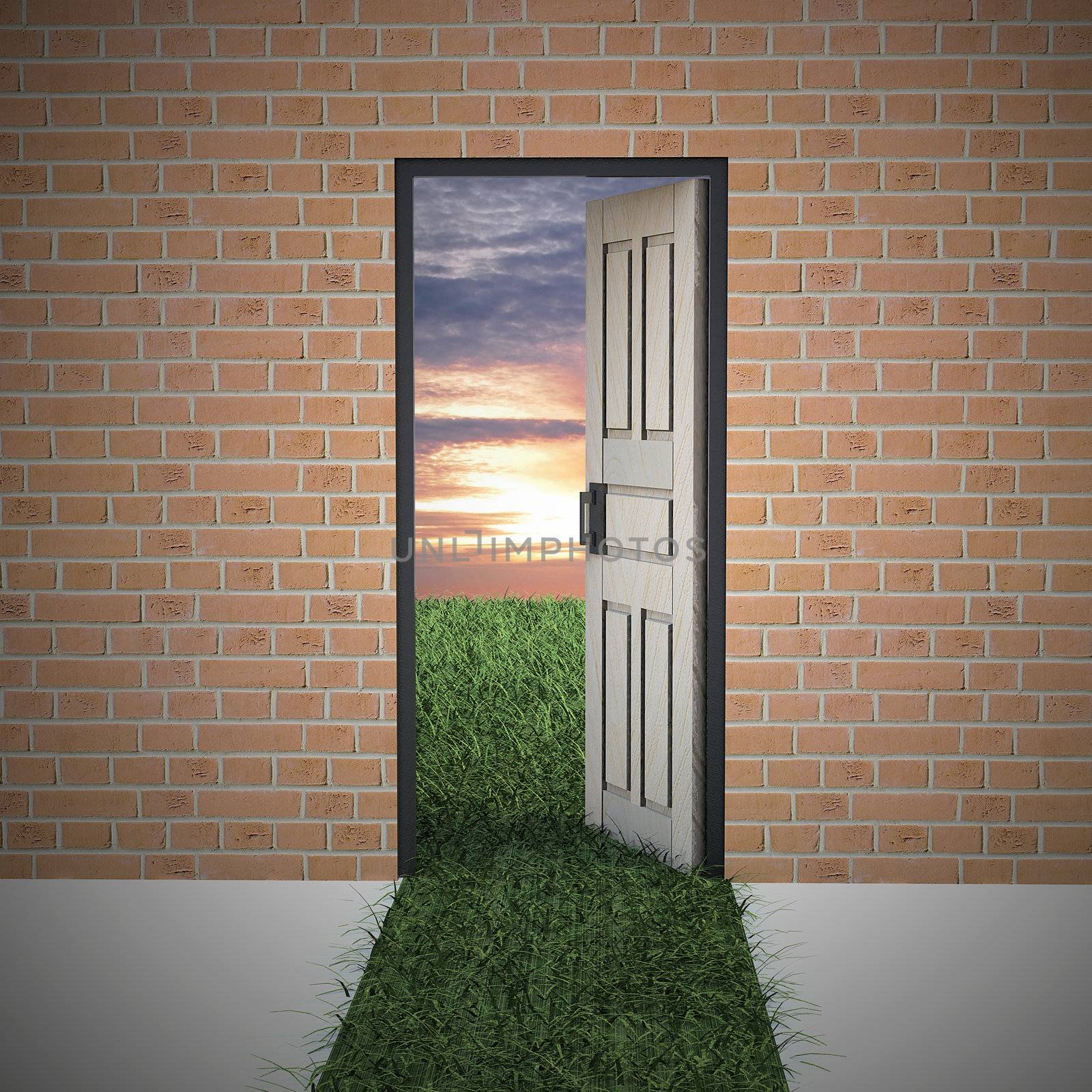 Open door to new life from brick wall. Hope, success, new life and world concepts.
