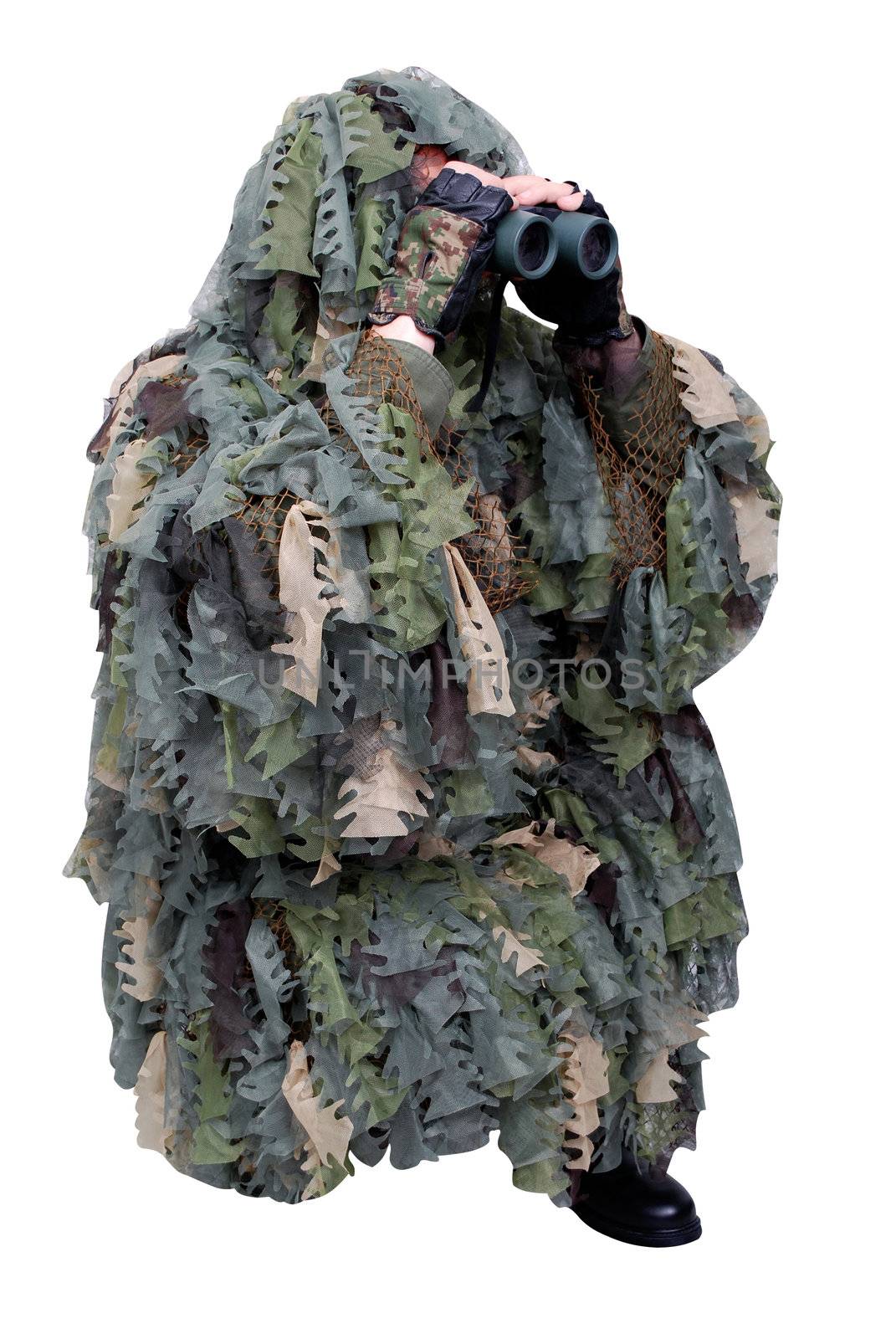 Army scout in camouflage uniform with binoculars isolated