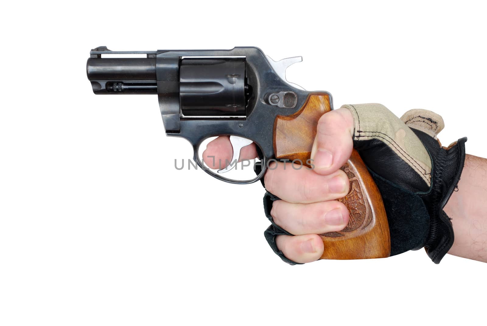 Hand with revolver on white background