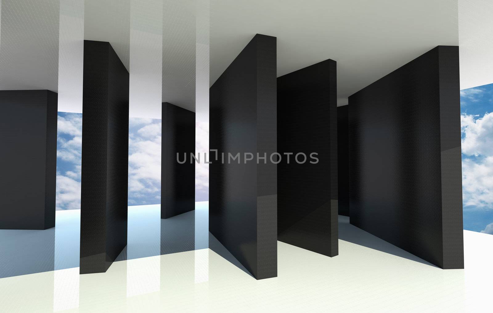 Abstract architecture with black partition and blue sky on background