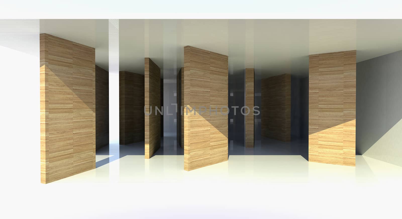 Room with wood partition, abstract architecture - 3d illustration 