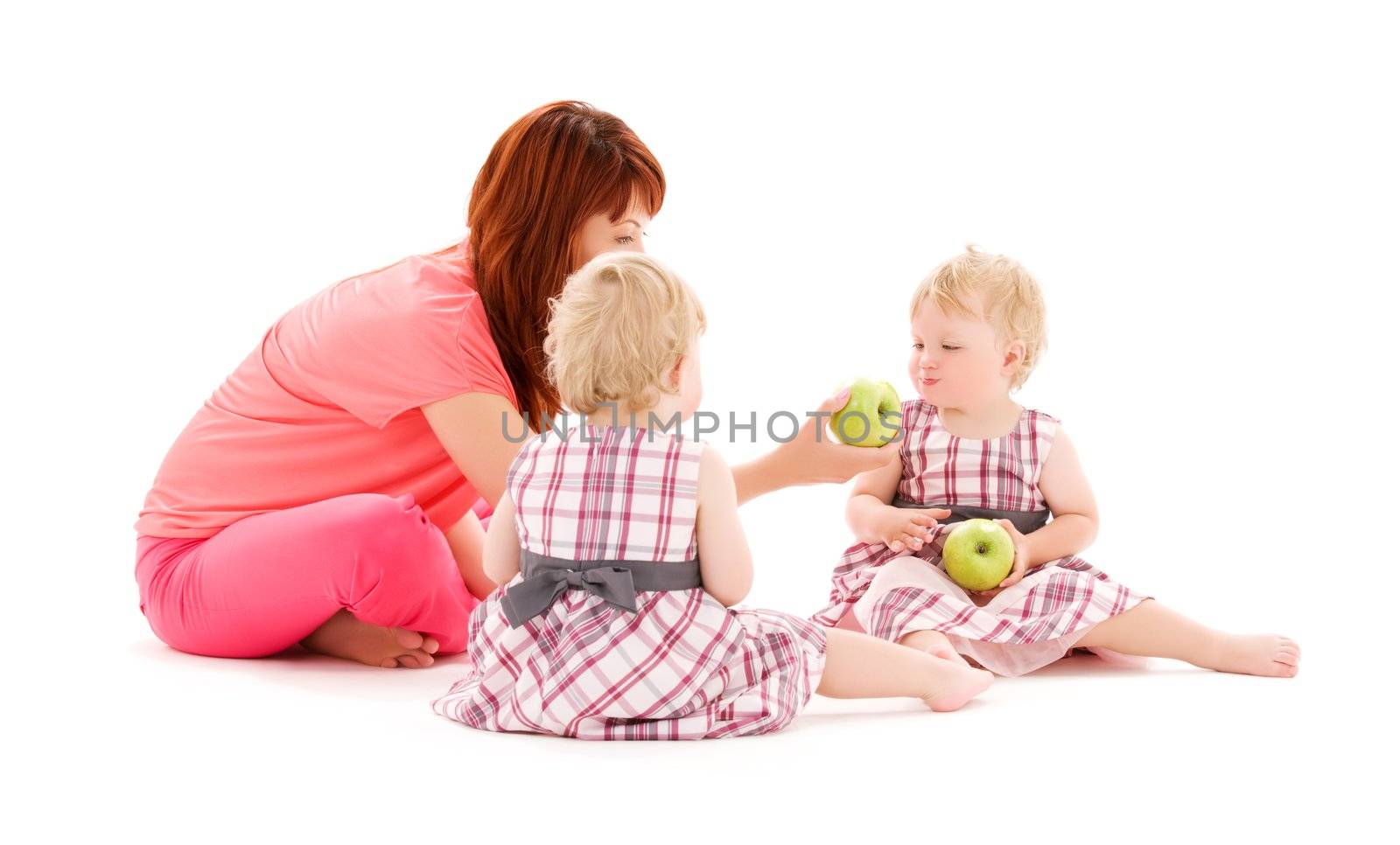 picture of two adorable twins with mother over white