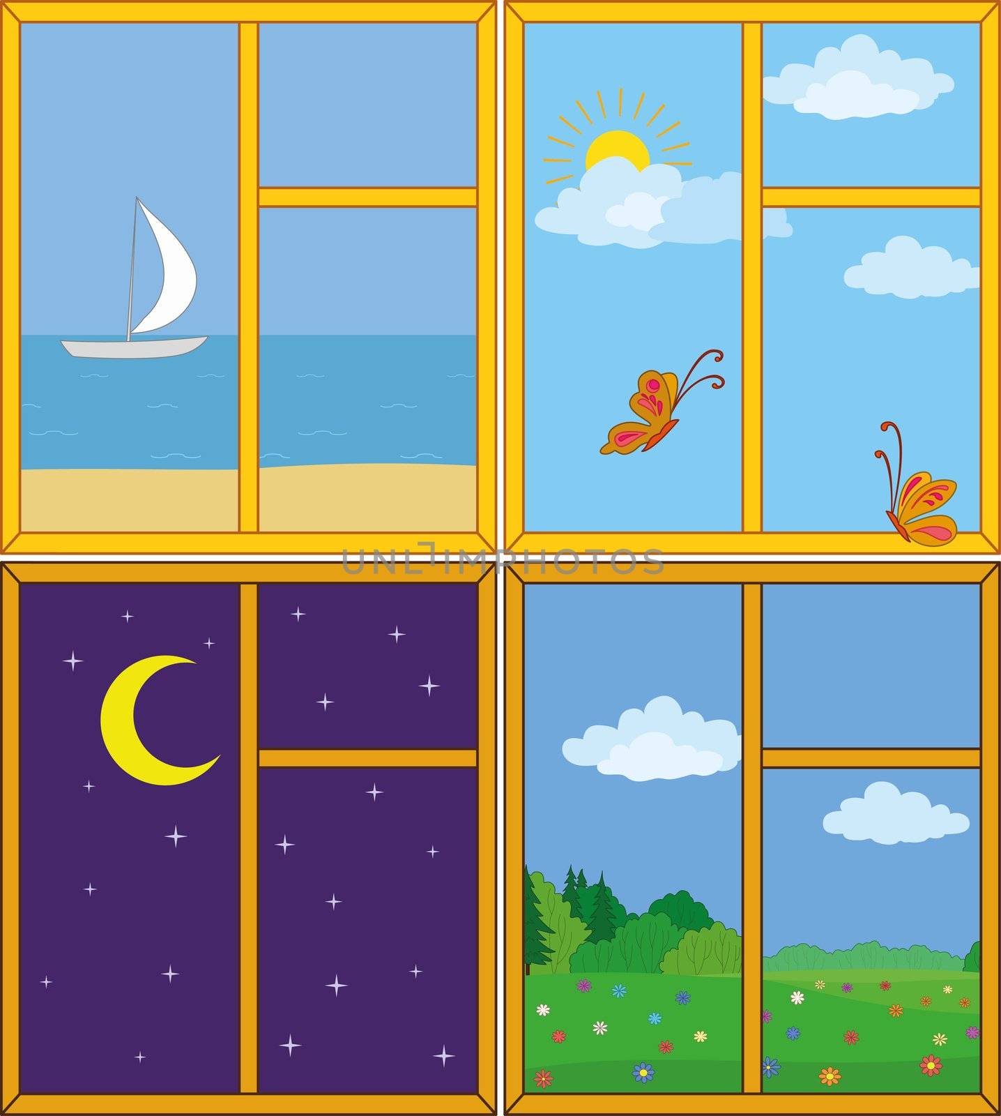 Set windows with landscapes: sea and ship, butterflies in the sky, moonlit night, flower meadow