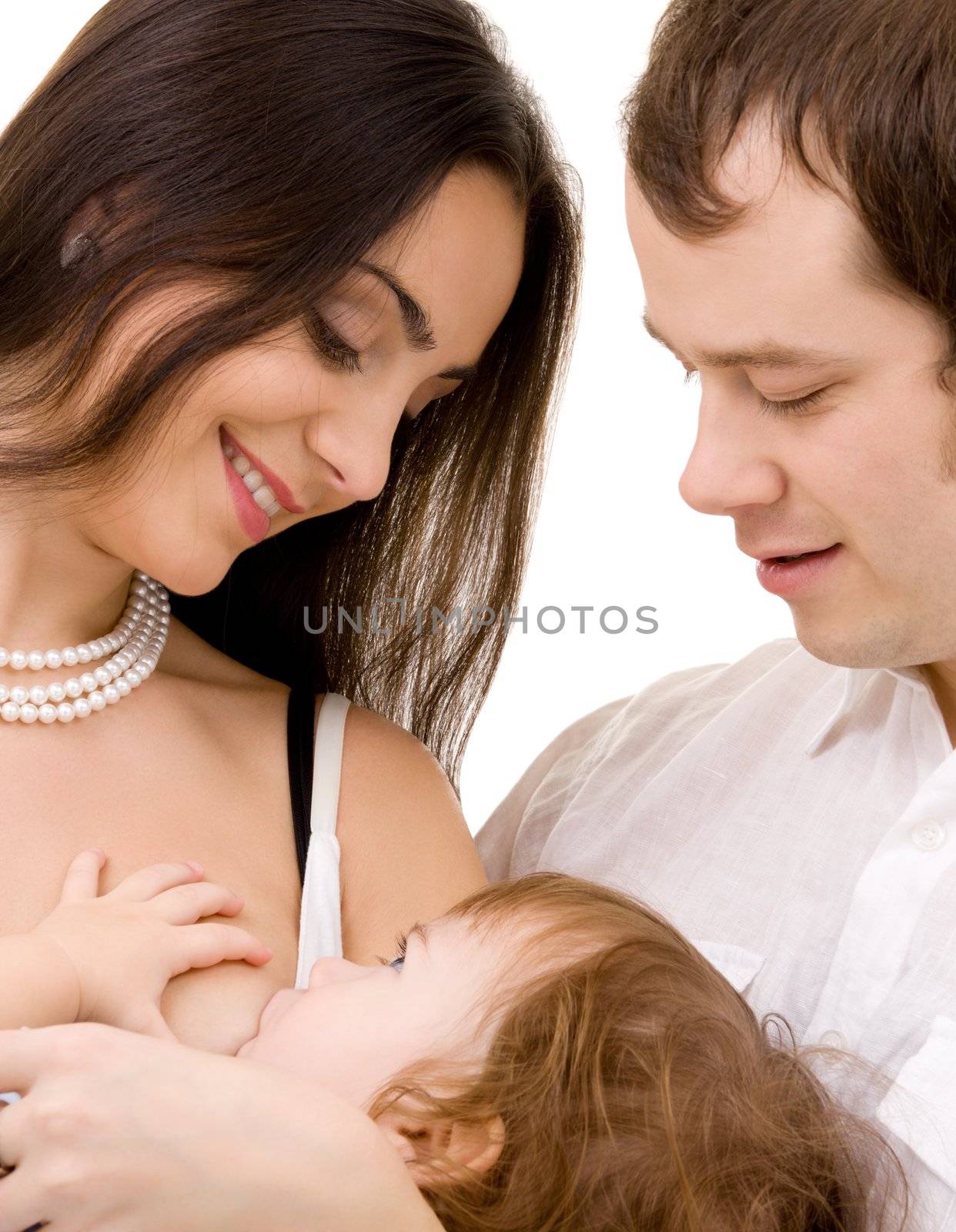 bright picture of happy family over white (focus on mother)