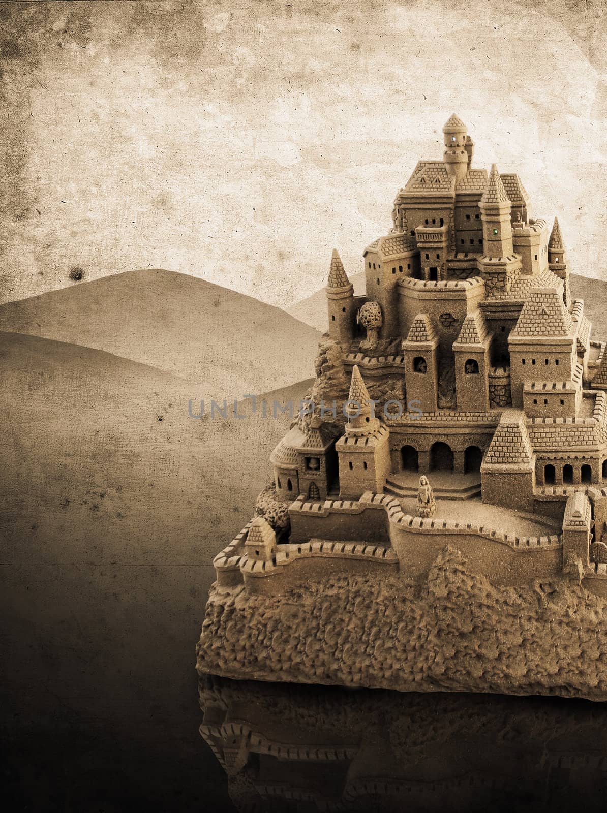 large sandcastle with many towers and crenels in retro look