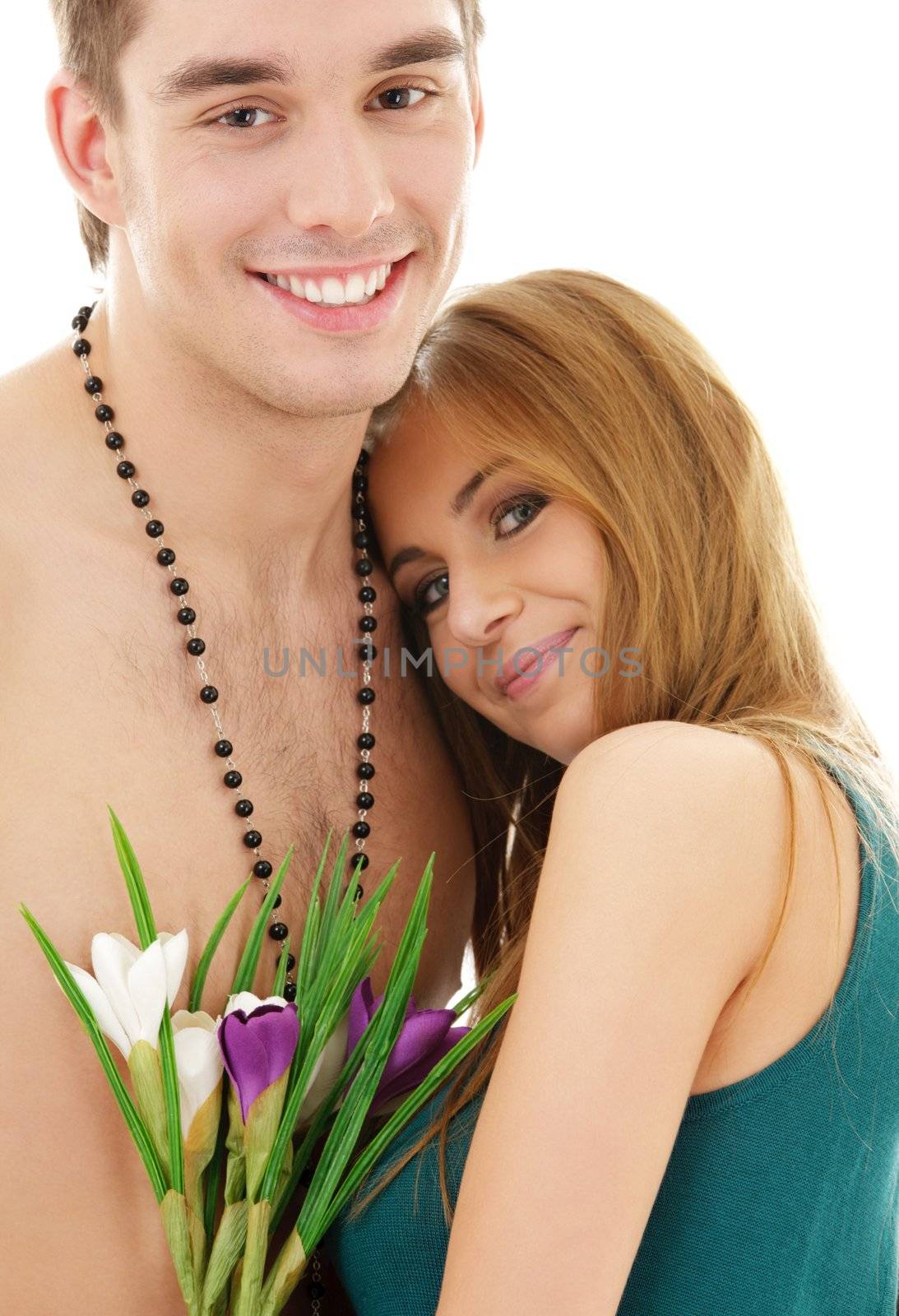 picture of couple in love with flowers (focus on man)