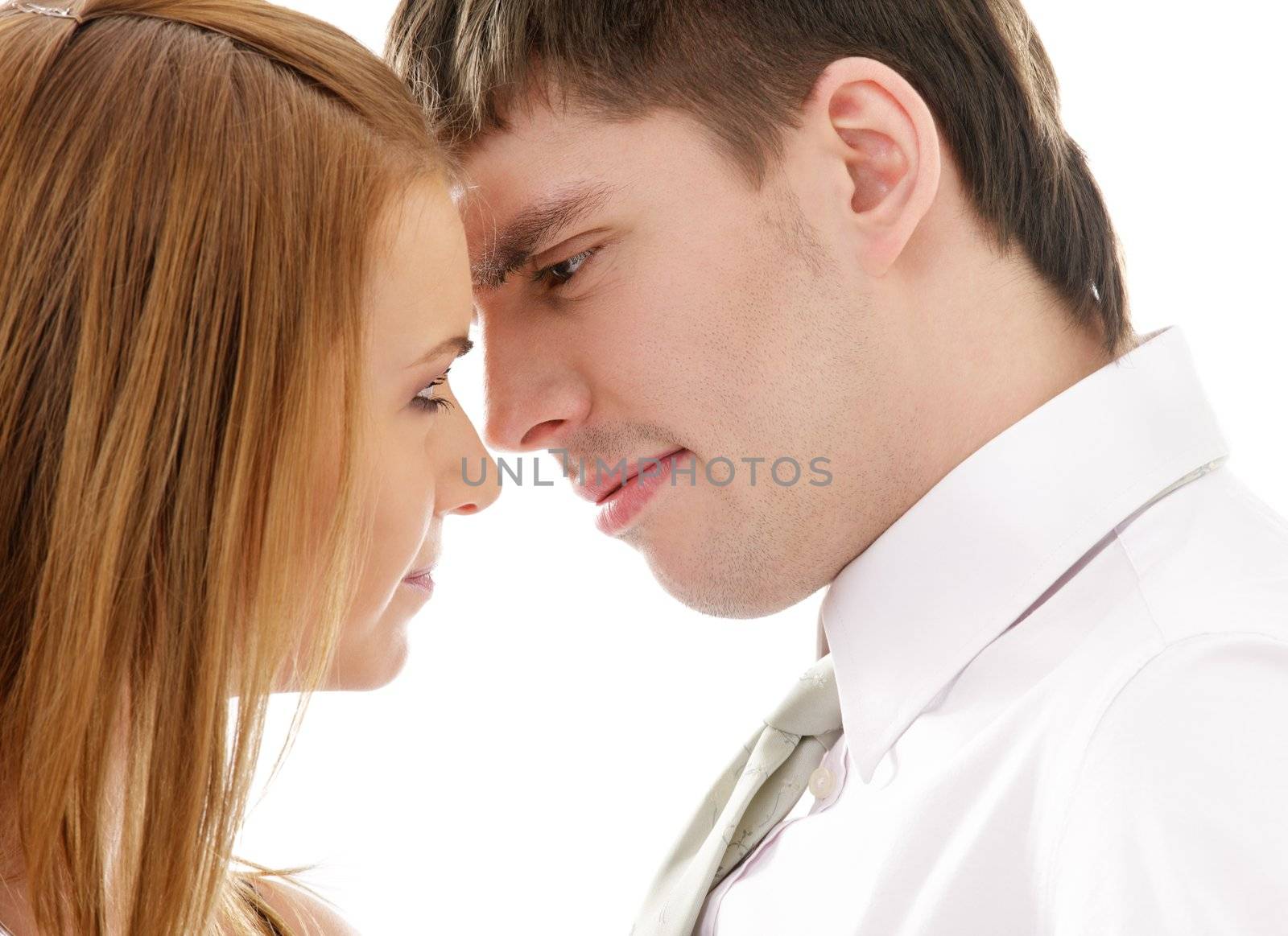 picture of conflicting couple over white (focus on man)