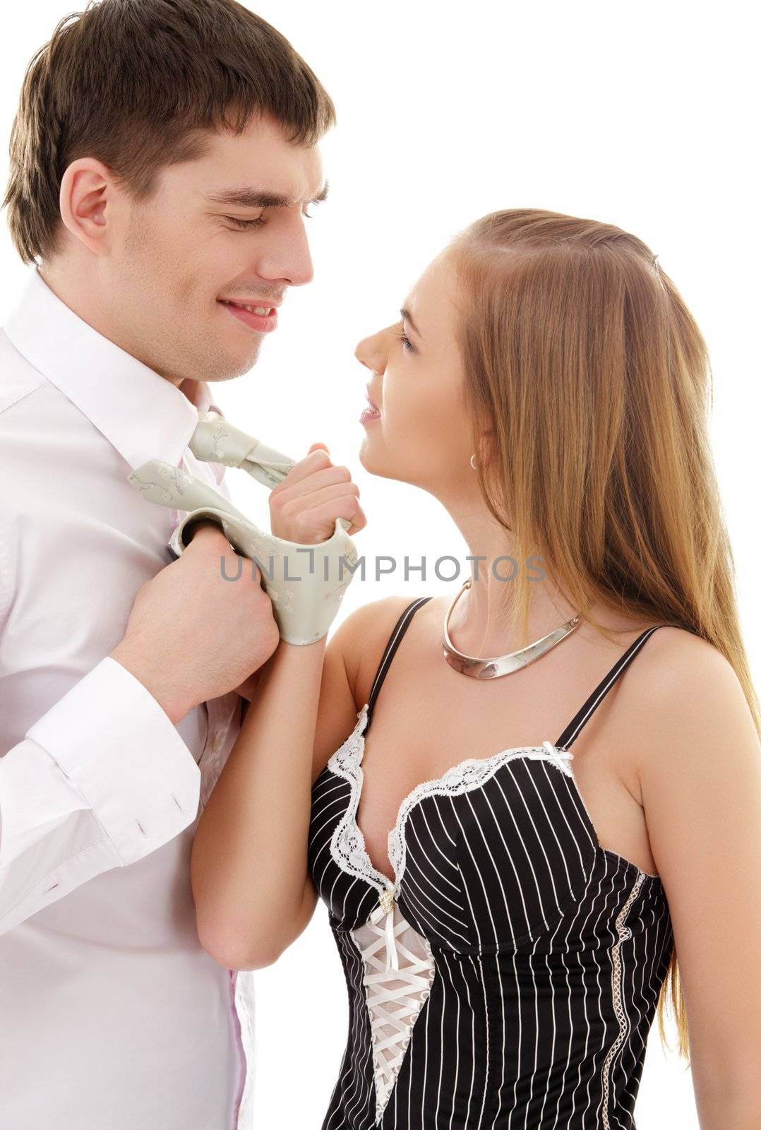 bright picture of conflicting couple over white