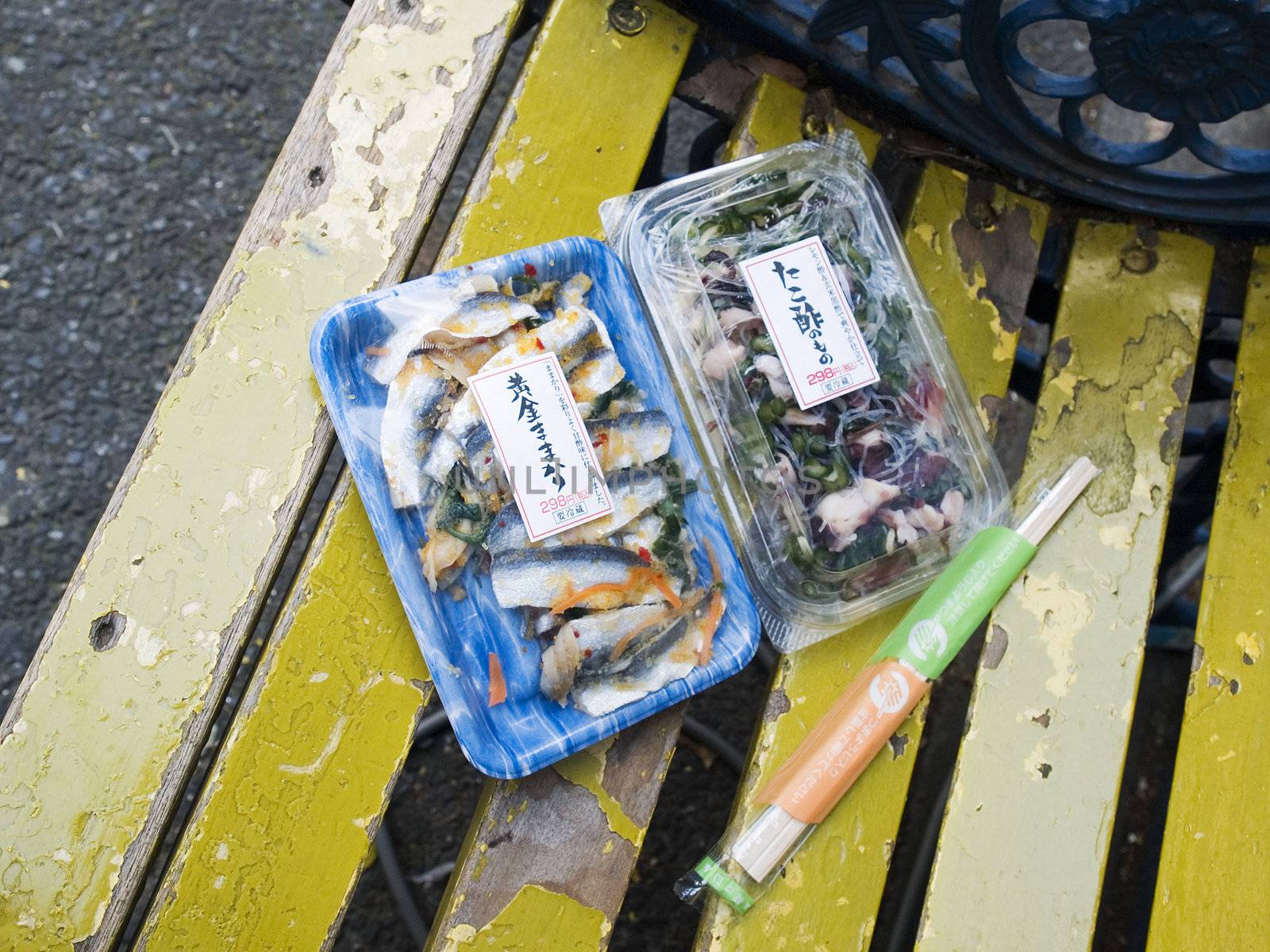 street snacks and chopsticks in tokyo japan