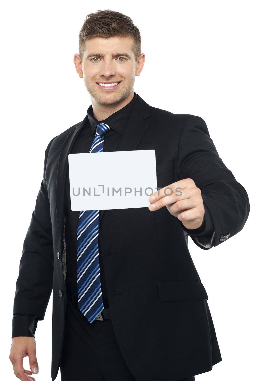 Business consultant presenting blank placard isolated over white background
