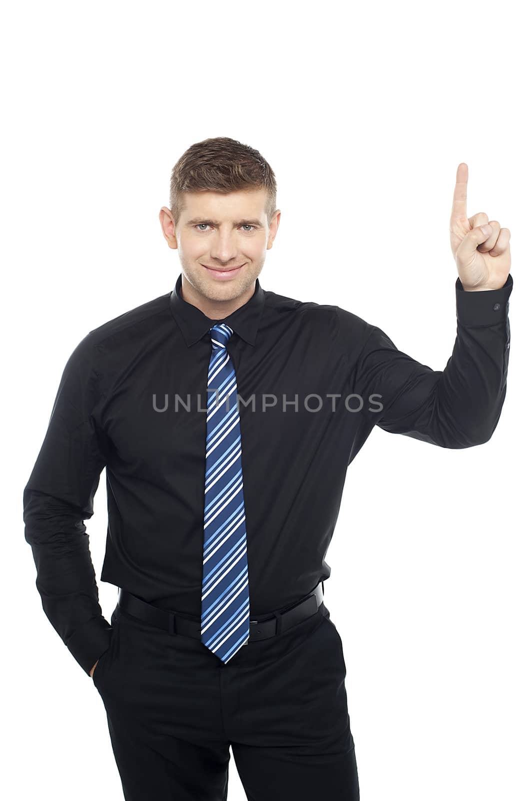 Business representative indicating upwards isolated over white. Copy space concept