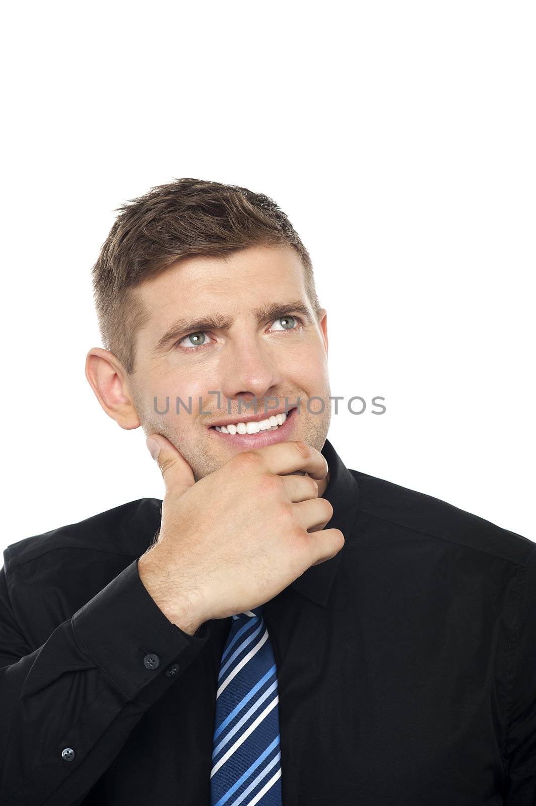 Smart young business consultant thinking, Hand on his chin, closeup shot