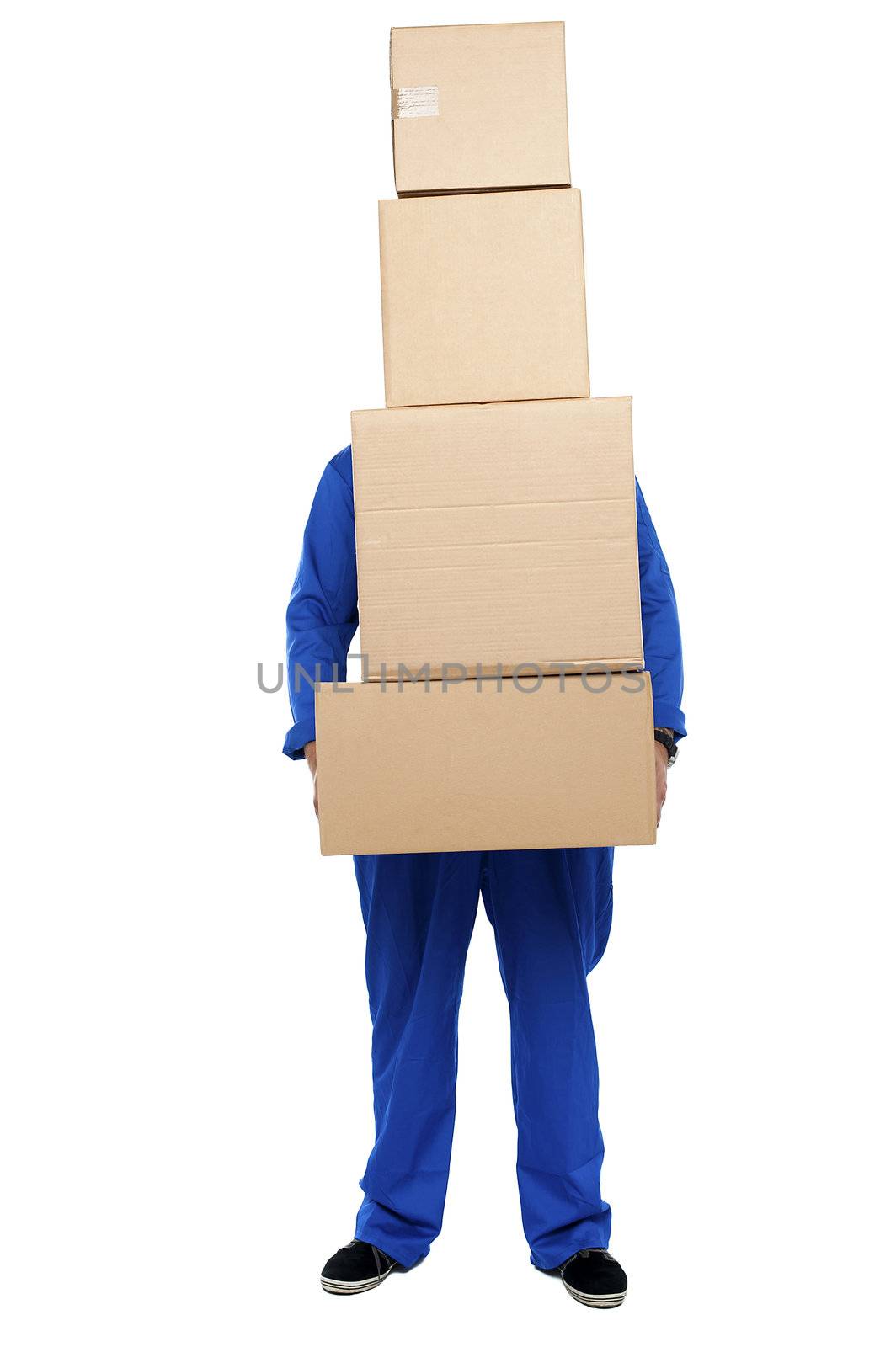 Guy overloaded with pile of cartons isolated against white background