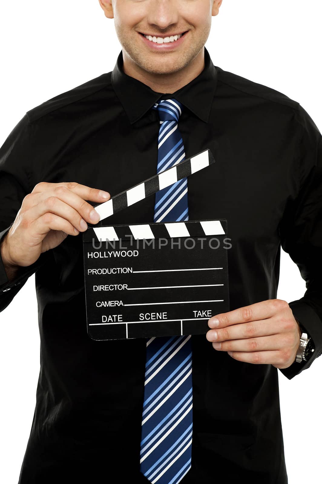 Cropped image of man with clapboard. Isolated on white