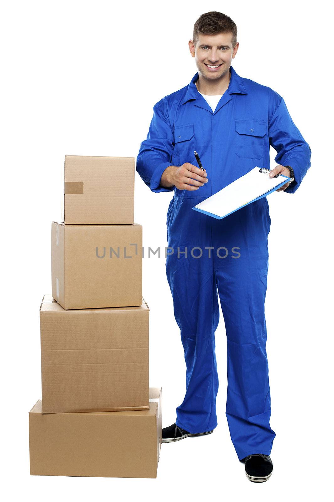 Courier staff offering pen and clipboard to recipient for signature