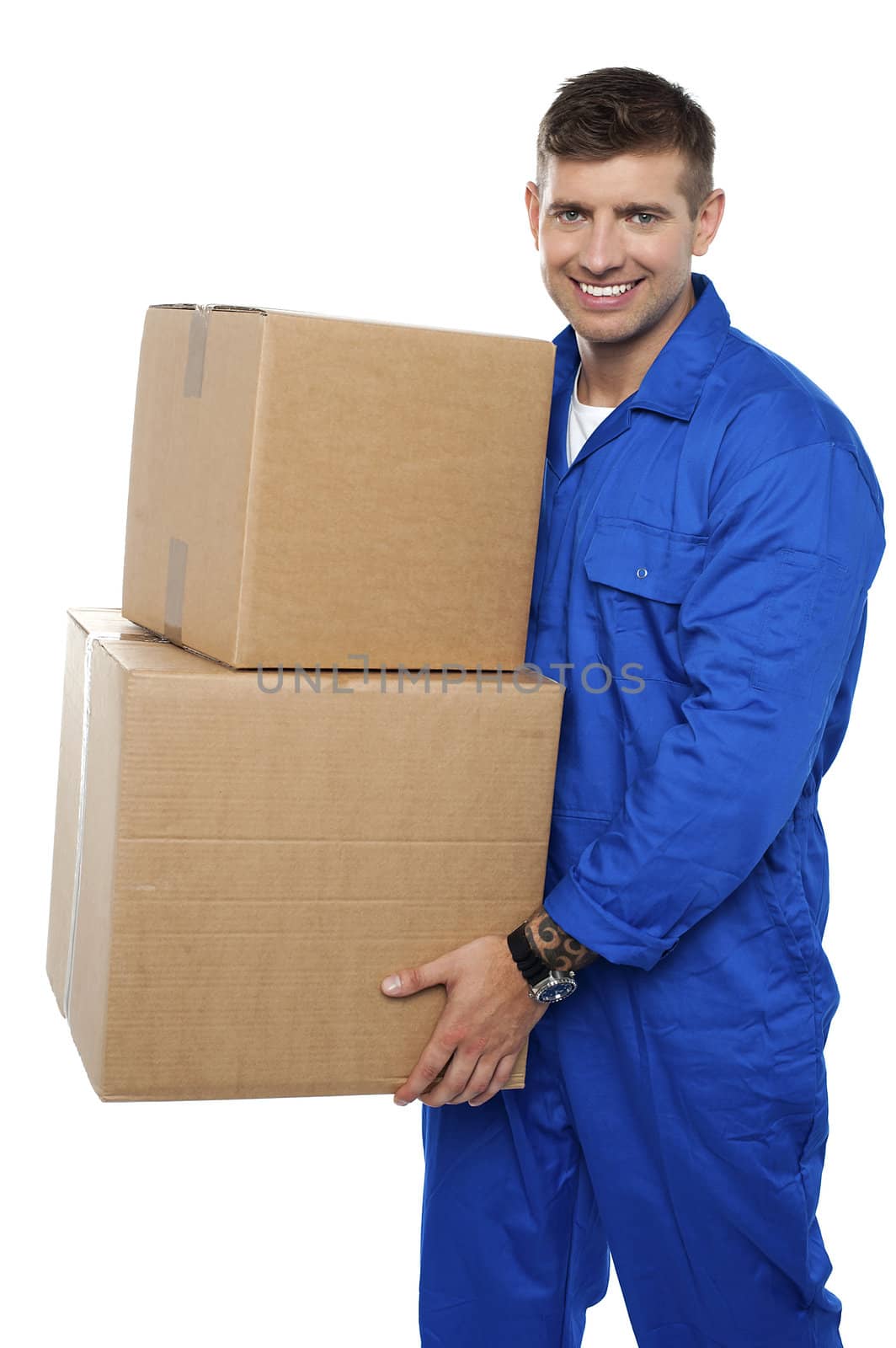 Relocation assistant staff carrying cardboard boxes isolated against white background