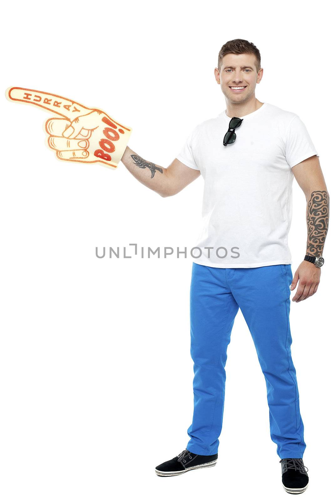 Sports fan holding Boo Hurray foam hand isolated on white background