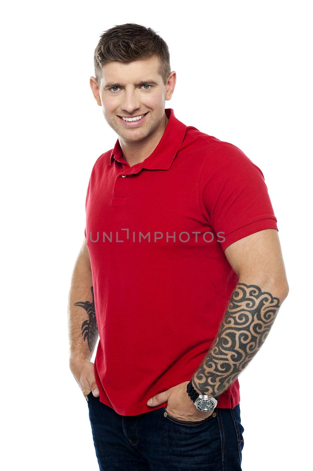 Stylish pose of handsome young man isolated over white