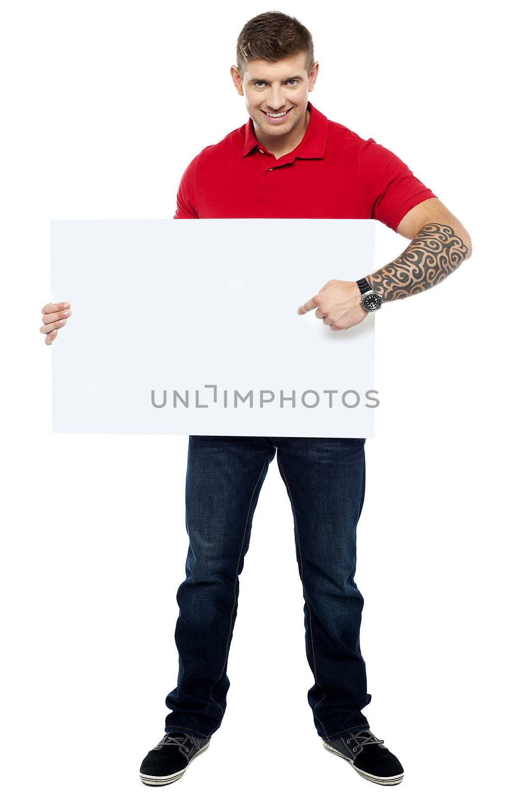 Place your business ad here. Guy pointing at blank whiteboard
