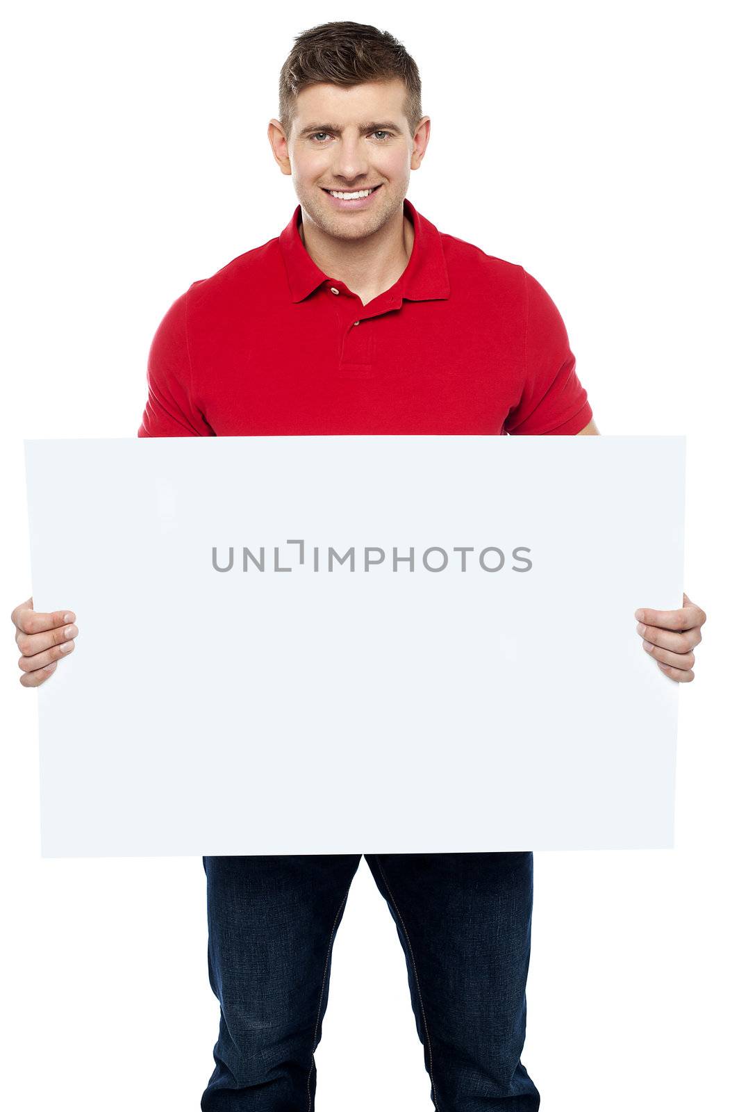 Casual guy presenting ad board. Advertise your business here