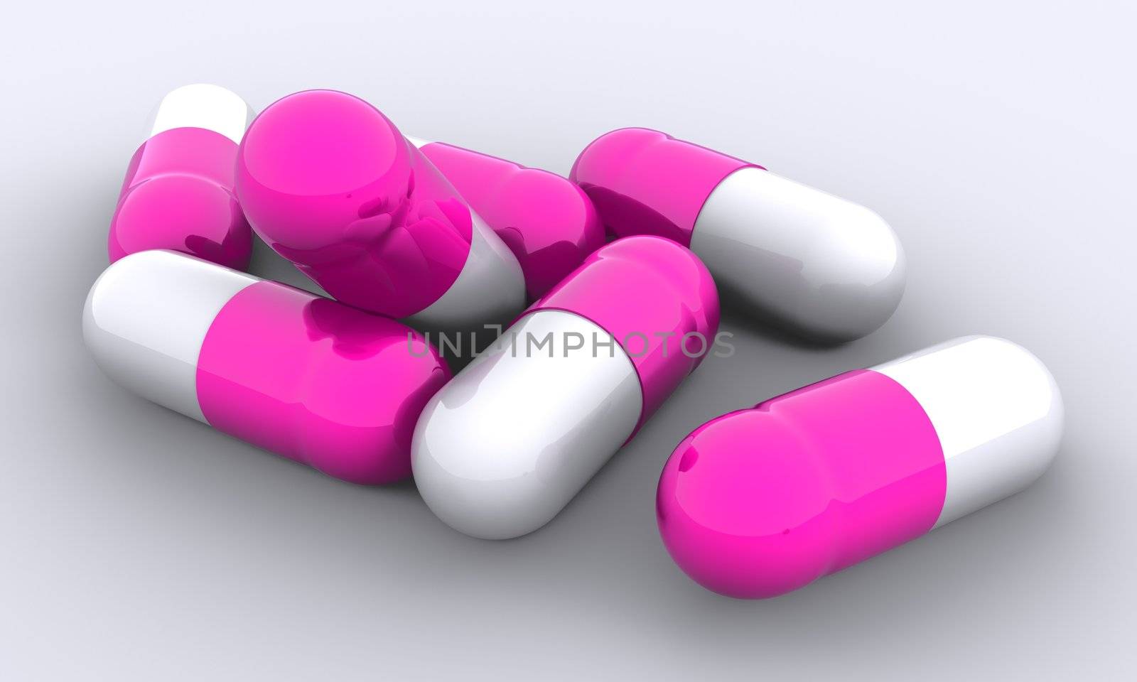 Concept of pink pills rendered on white background.