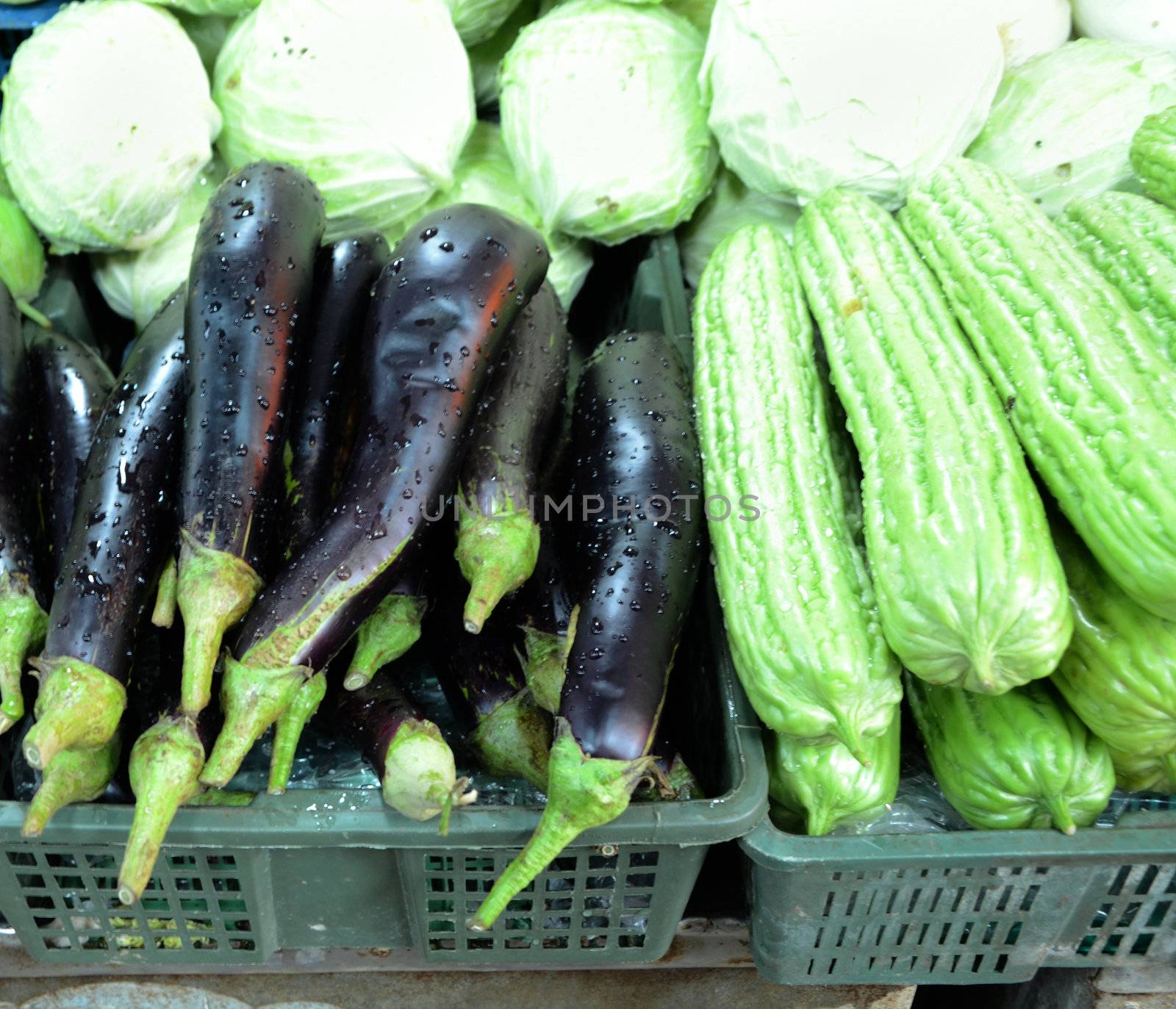 cabbage and purple eggplant brighten in a market.  by siraanamwong